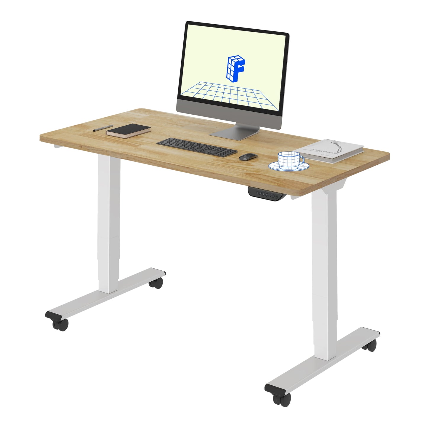 FLEXISPOT - 48"X24" Dual Motors 3-Stage Standing Desk Solid Wood Home Office Height Adjustable Desk with Wheels, Solid Rubber Wood Desktop and White Frame - Serious Techies