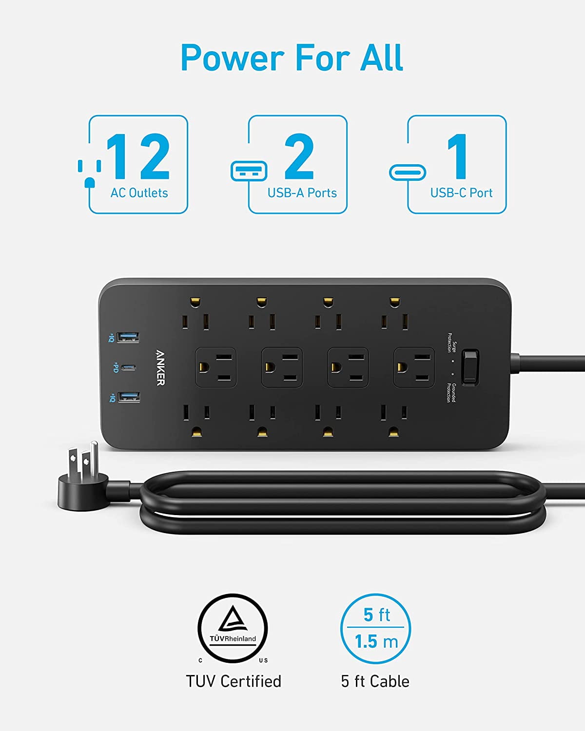 Anker - Surge Protector Power Strip (2100J), 12 Outlets with 1 USB C and 2 USB Ports for Iphone - Serious Techies