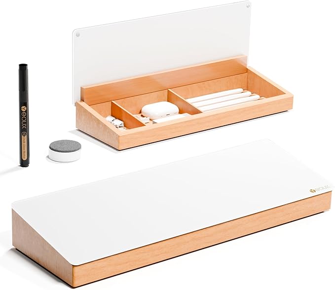 YEOUX - Desktop Black Glass Dry Erase Board with Wood Organizers for Small Office Supplies, Desk Whiteboard with Drawer for Home Office Cubicle, Accessories Included - Serious Techies