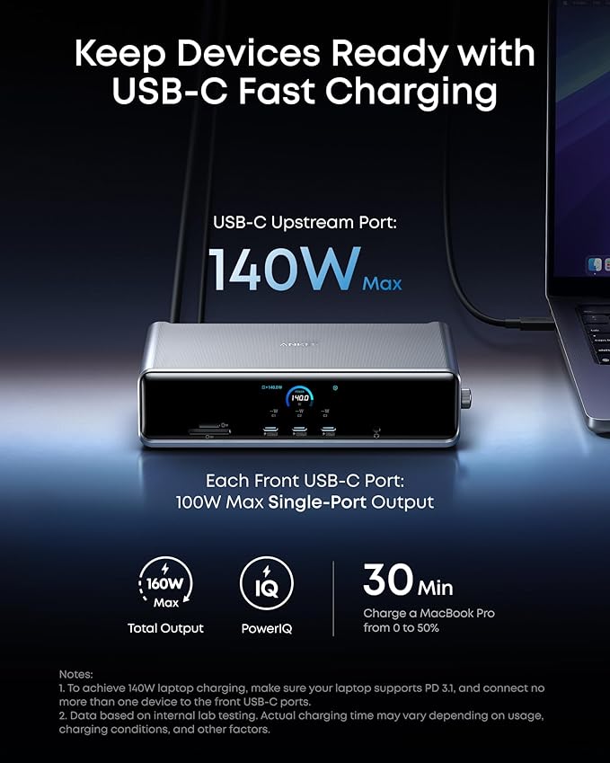 Anker - Prime Docking Station (DL7400), 14-Port Triple Display with Displaylink, 140W Max USB-C Port, Smart Display and Built-In Cooling Fan, up to 8K, for Macos and Windows, Displaylink Driver Required - Serious Techies - Serious Techies, LLC