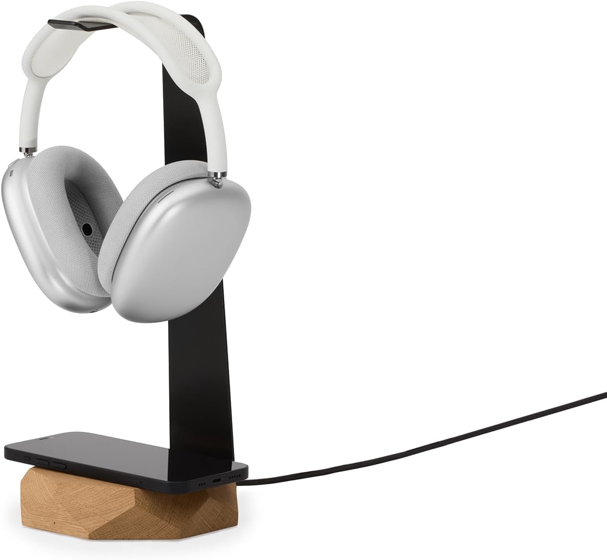 Oakywood - 2-In-1 Wooden Headphone Stand with Wireless Charging - Wood Headphone Holder – Stainless-Steel Base – Handcrafted Headphones Stand for Desk - Qi-Compatible Wireless Charging – Oak - Serious Techies