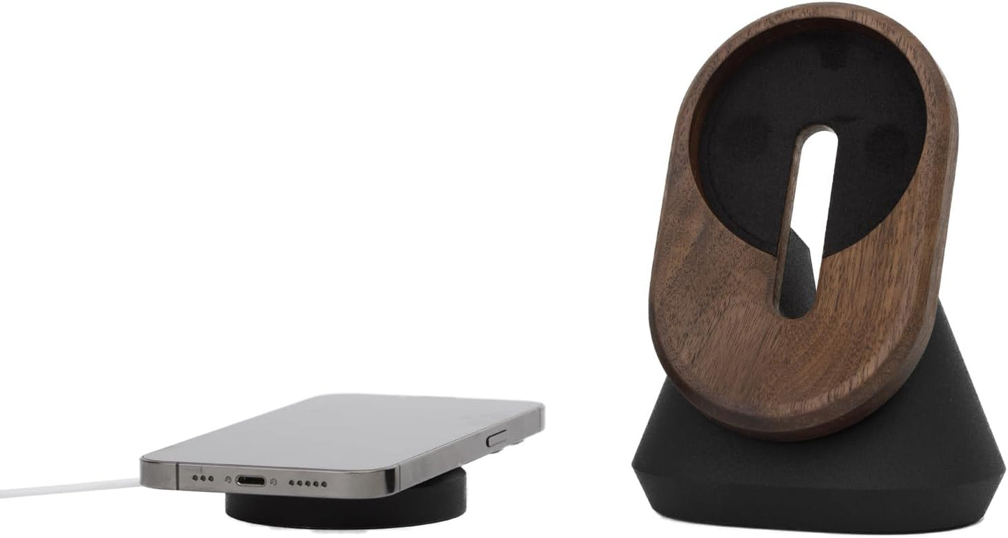 Oakywood - Phone Holder Desk - Phone Stand for Desk – Handcrafted Wooden Mobile Phone Stand & Holder – Compatible with Magsafe & Iphone 12–16 Models – 10.4X8.1X13.9Cm/4.1X3.2X5.5’ – Walnut - Serious Techies