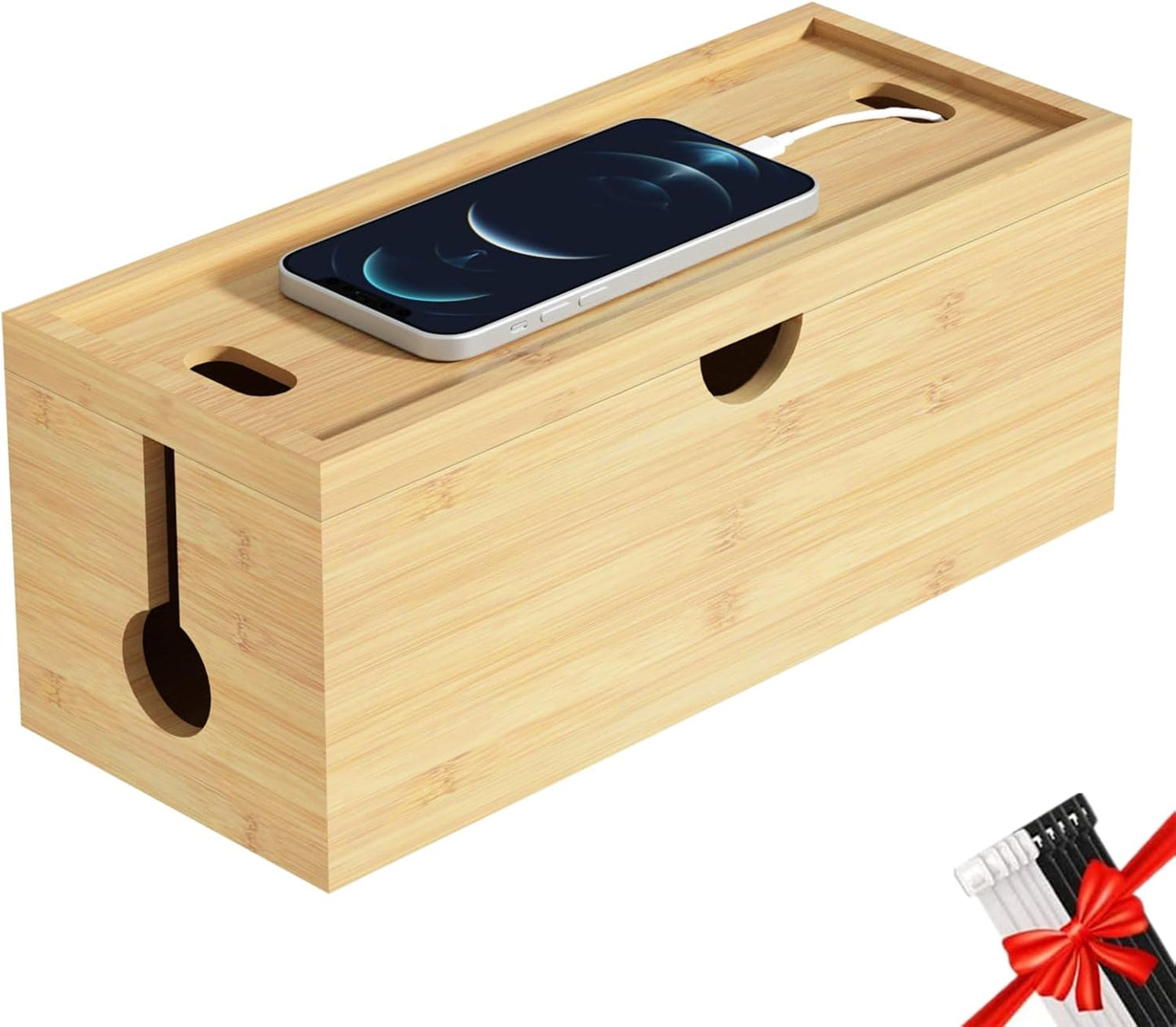 Bivvclaz - Bamboo Cable Management Box, Large Cord Organizer Box Cable Box to Hide Wires & Power Strips for Desktop Storage Cord Holder for Office Home,No Assembley Required (All White, Large) - Serious Techies