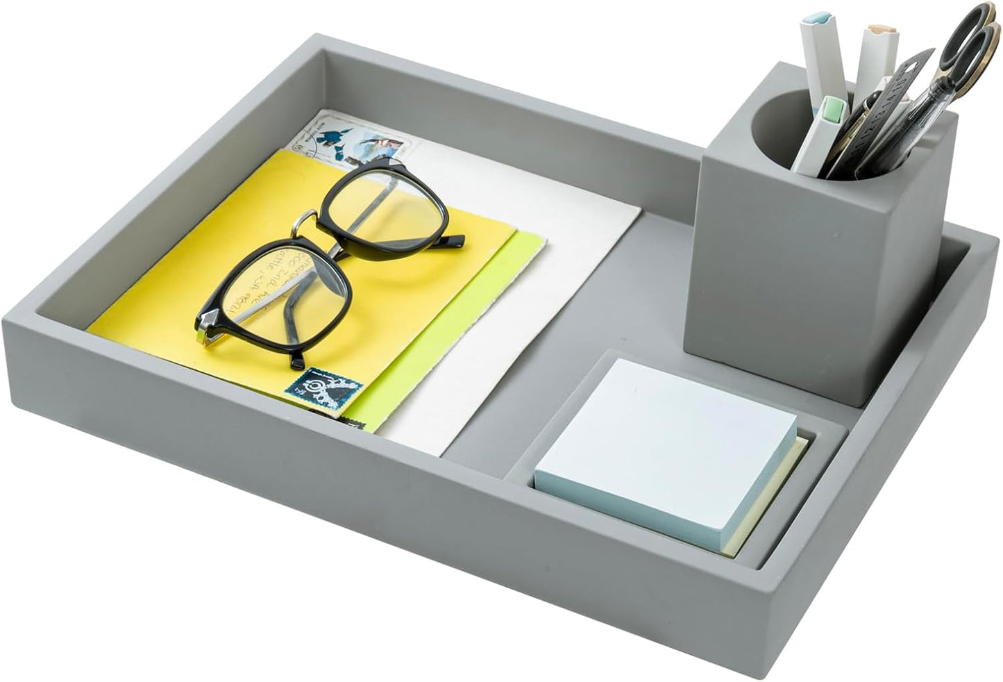MyGift - 3 Pcs Set Modern Gray Concrete Desk Organizer Trays, Desktop Office Paper Tray, Stationery Holder Pencil Cup, Sticky Note Pad Holder - Serious Techies