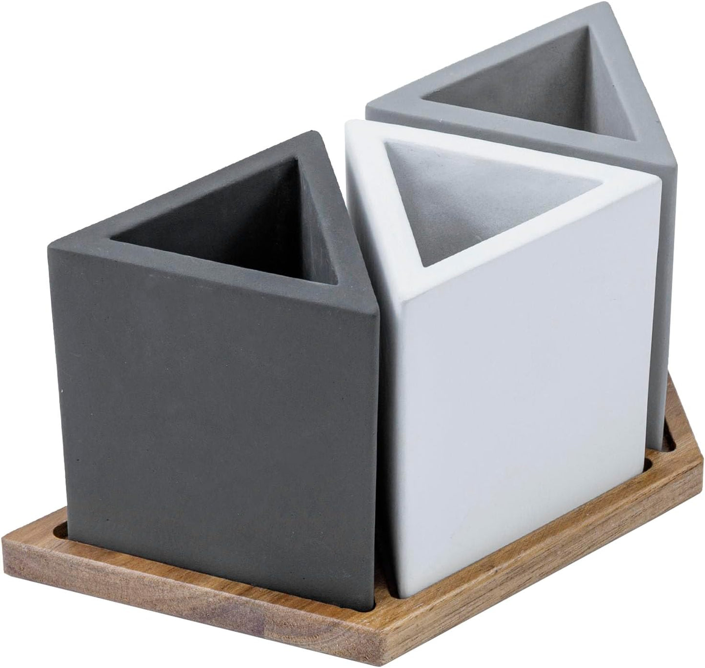 MyGift - Modern Concrete Desk Organizer Set with 3 Triangular Gray-Tone Pen Holders and Acacia Wood Tray, 4-Piece Office Storage Solution for Pens, Pencils, and Supplies - Serious Techies