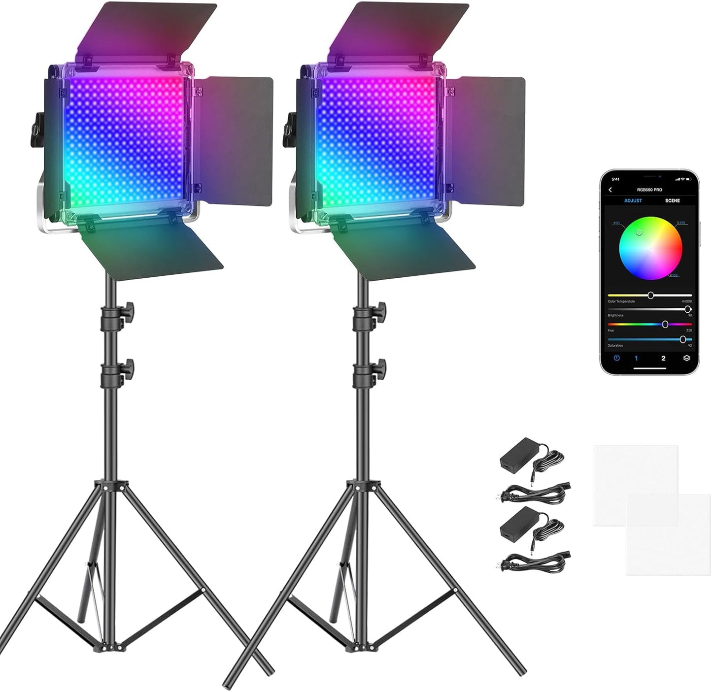Upgraded 660 PRO II RGB LED Video Light with App Control & Tripod Stand Kit, 2 Pack 50W/1% Min Dimming/Cri97+/3200~5600K Key Lighting for Game Streaming Youtube Recording Studio Photography