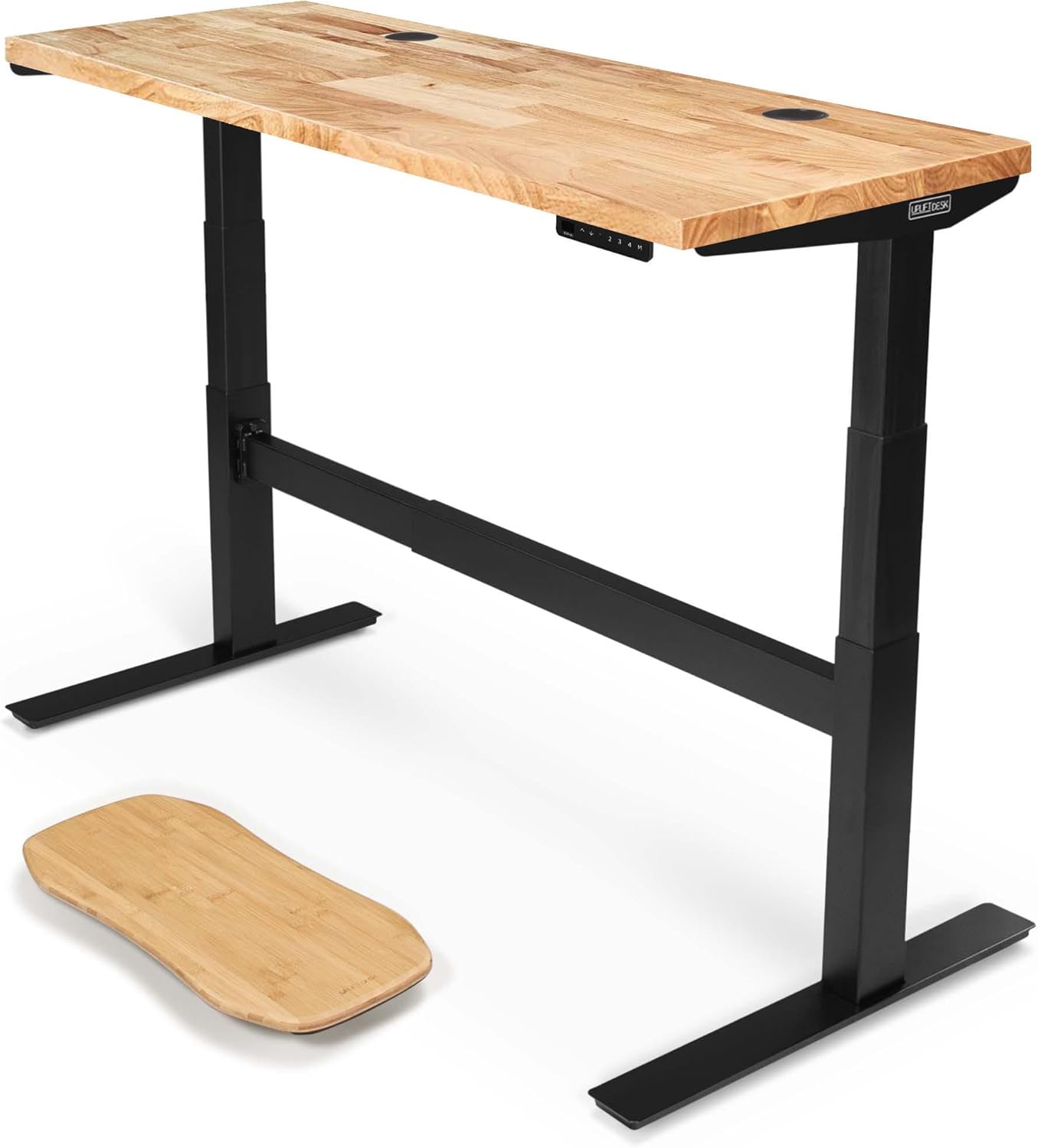 Uplift - Desk Acacia Butcher Block (60 X 24 Inch) Standing Desk 2-Leg V2-Commercial Adjustable Stand up C-Frame (Black), Advanced Keypad, Wire Grommets, Wire Tray, Rocker Board - Serious Techies