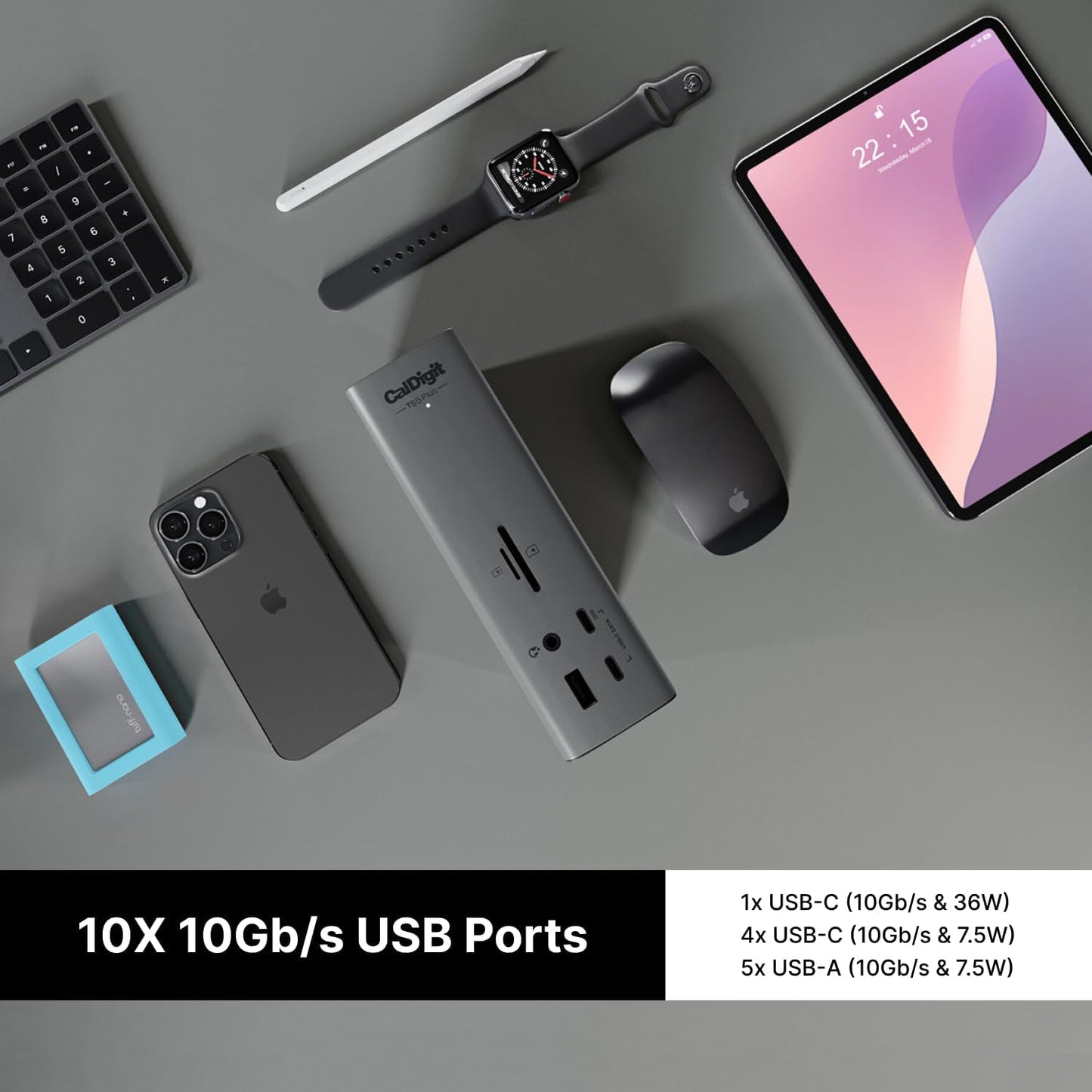 CalDigit - TS5 plus - 20 Port Thunderbolt 5 Dock, 140W Charging, 3X 80Gb/S Thunderbolt 5, 10X 10Gb/S USB Ports, Dual USB Controllers, 10Gbe, up to Dual 8K 60Hz Displays, 1.0M Braided Cable, 330W PSU - Serious Techies