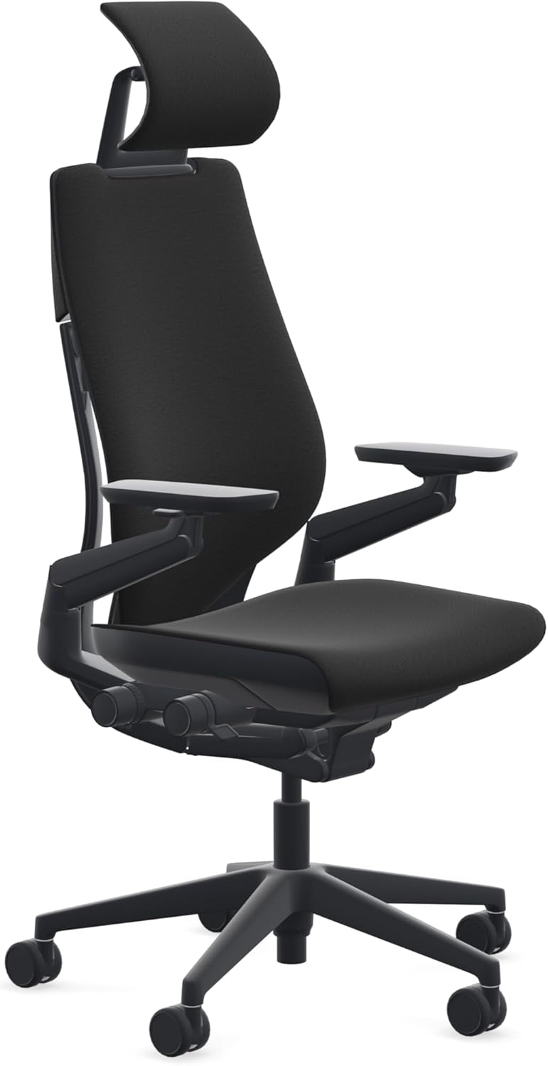 Steelcase - Gesture Office Chair with Head Rest - Ergonomic Work Chair with Wheels for Carpet - Comfortable Office Chair - Intuitive-To-Adjust Chairs for Desk - 360-Degree Arms - Licorice Fabric - Serious Techies