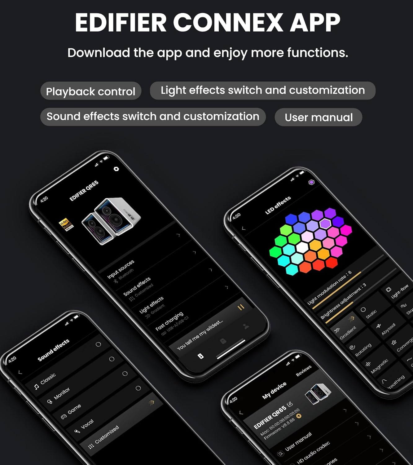 Edifier - QR65 Desktop Active Monitor with 2.75" Long-Throw Aluminum Diaphragm Mid-Low Drivers, Hi-Res Audio, Brilliant Light Effects, 70W Output Power Bluetooth Speakers with Stands - White - Serious Techies