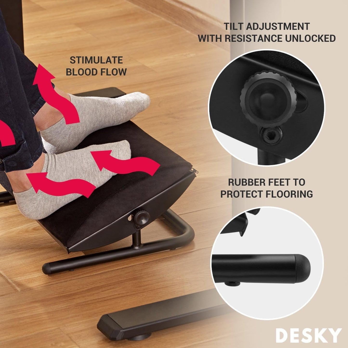Desky - Cushioned Foot Rest – Ergonomic under Desk Footrest with Adjustable Tilt, Soft Suede Cover, Non-Slip Base – Black - Serious Techies