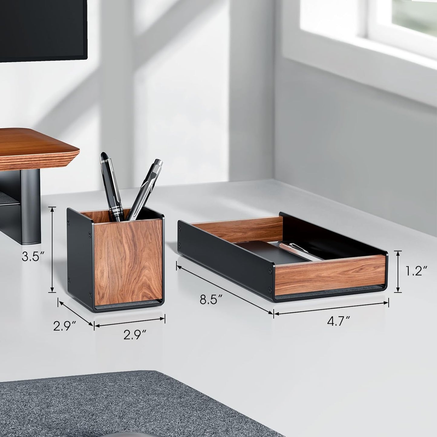 UPERGO - Walnut Desk Tray with Pen Holder Set, Natural Wooden Desk Drawer Organizer Office, Organizer Tray for Keys, Pen, Watch - Serious Techies