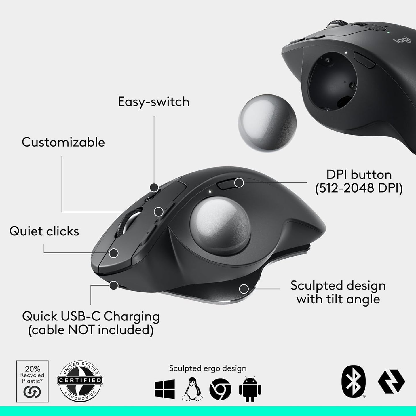Logitech - MX Ergo S Advanced Wireless Trackball Mouse, USB-C Rechargeable Wireless Ergonomic Mouse with Bluetooth and Encrypted Dongle, 6 Programmable Buttons, for Pc/Mac - Graphite - Serious Techies
