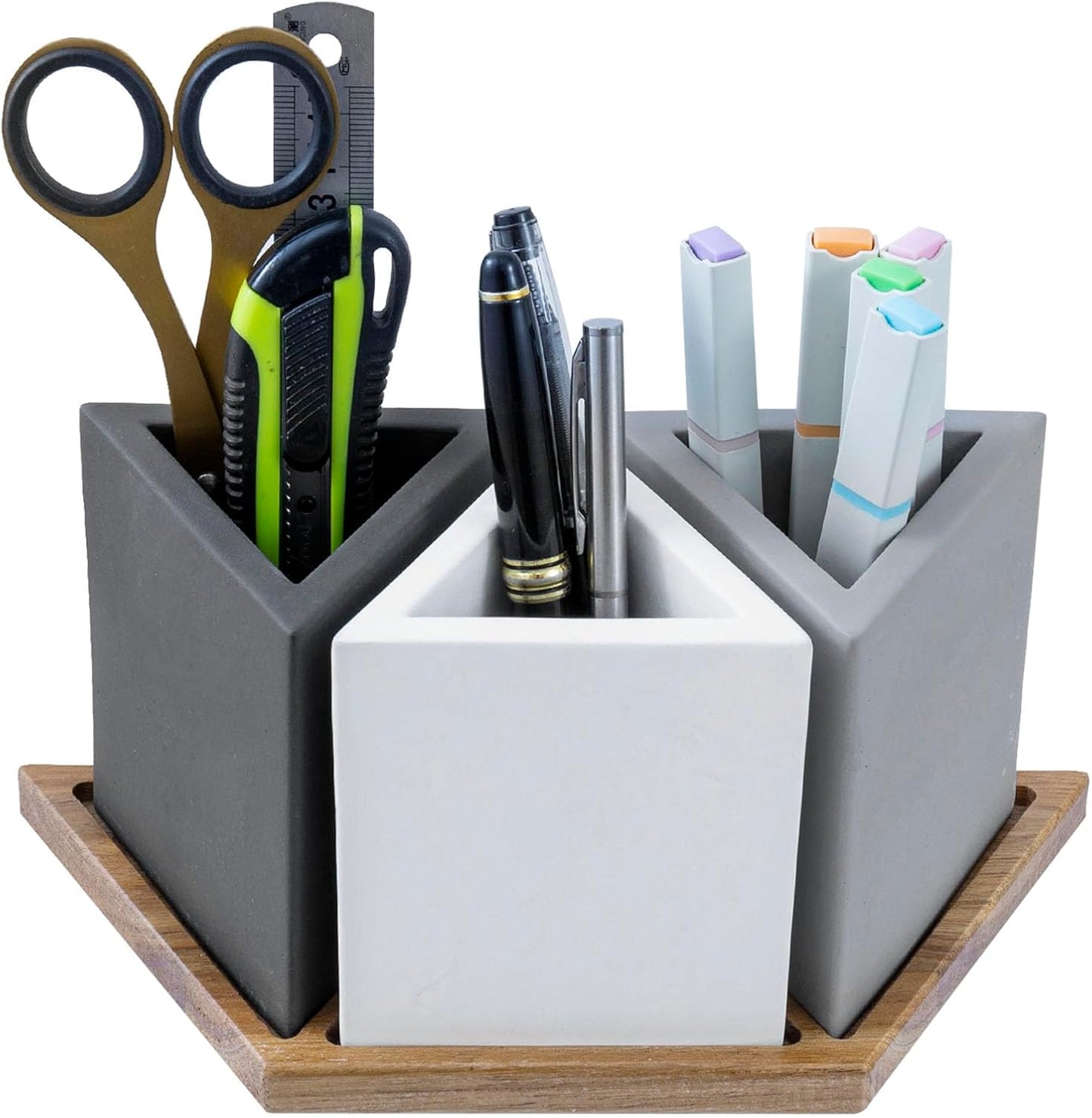 MyGift - Modern Concrete Desk Organizer Set with 3 Triangular Gray-Tone Pen Holders and Acacia Wood Tray, 4-Piece Office Storage Solution for Pens, Pencils, and Supplies - Serious Techies