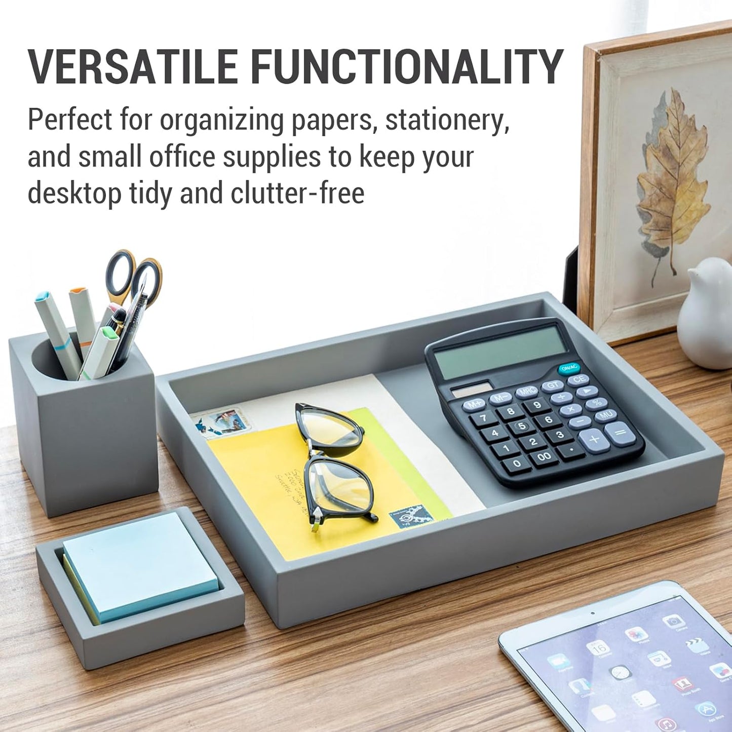 MyGift - 3 Pcs Set Modern Gray Concrete Desk Organizer Trays, Desktop Office Paper Tray, Stationery Holder Pencil Cup, Sticky Note Pad Holder - Serious Techies