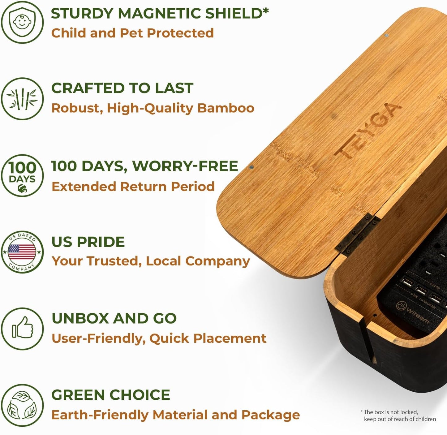 TEYGA - Bamboo Cable Management Box - Stylish Cord Organizer Box Hides Power Strip and Keeps Cords Untangled - Surge Protector Cover Keeps Child Safe - TV Cord Box for Home and Office (Premium - Black) - Serious Techies