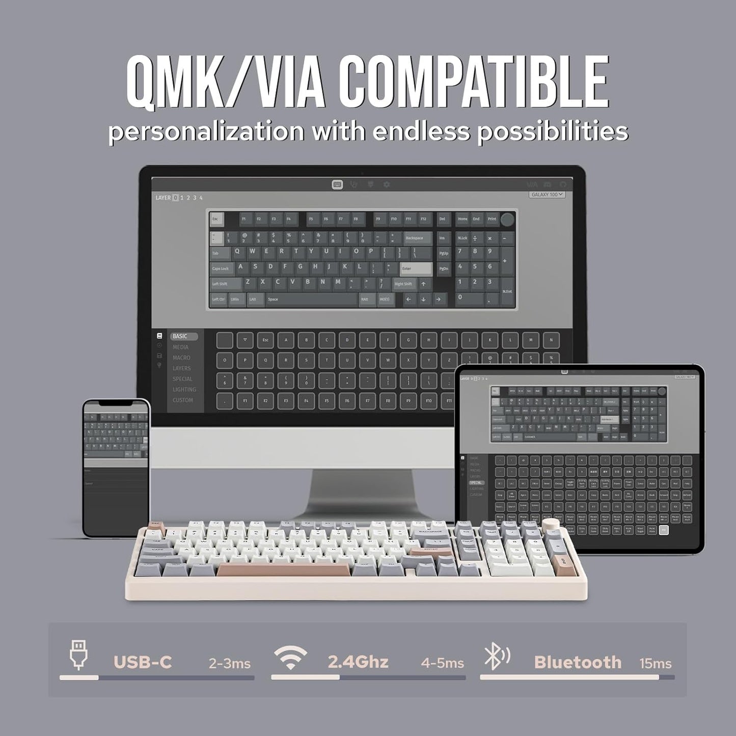 EPOMAKER - Galaxy100 QMK/VIA Wireless Gaming Keyboard, Aluminum Shell, Bluetooth/2.4Ghz/Usb-C, Pre-Lubed Hot-Swappable Linear Switches, NKRO, RGB Backlit (Creamy White, Marble White Switch) - Serious Techies