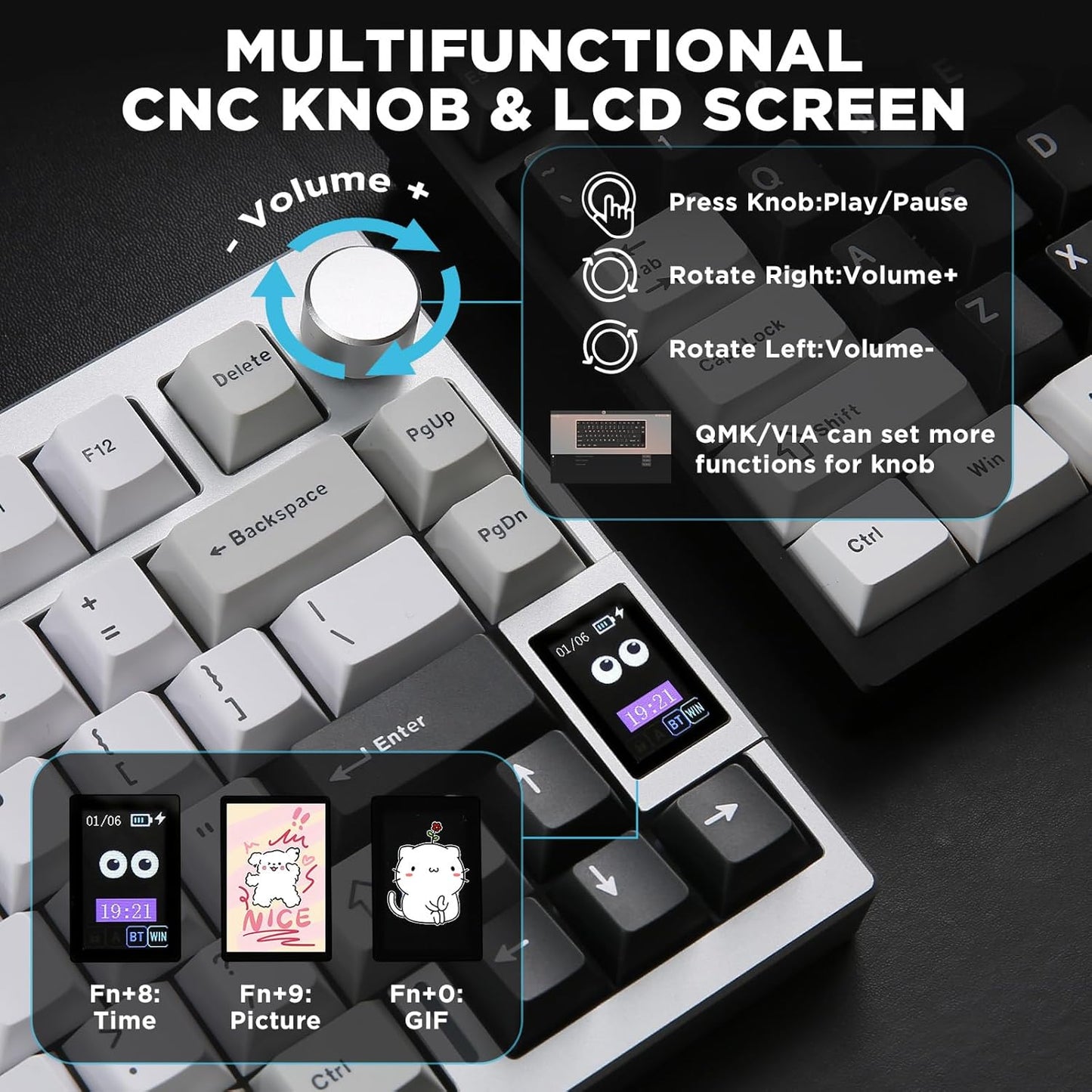 AL80 Wireless Mechanical Keyboard,Full Aluminum CNC, Smart LCD Display,Hot Swappable Gasket Mount 75% Layout with Knob,Bt/2.4G/Usb-C,Qmk/Via Support for Win/Mac (Silver, Gateron Zero Switch)