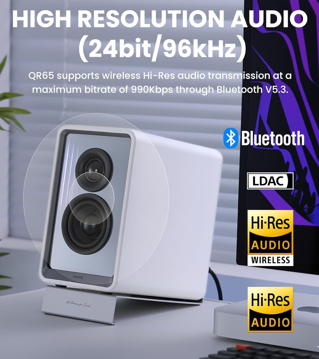 Edifier - QR65 Desktop Active Monitor with 2.75" Long-Throw Aluminum Diaphragm Mid-Low Drivers, Hi-Res Audio, Brilliant Light Effects, 70W Output Power Bluetooth Speakers with Stands - White - Serious Techies