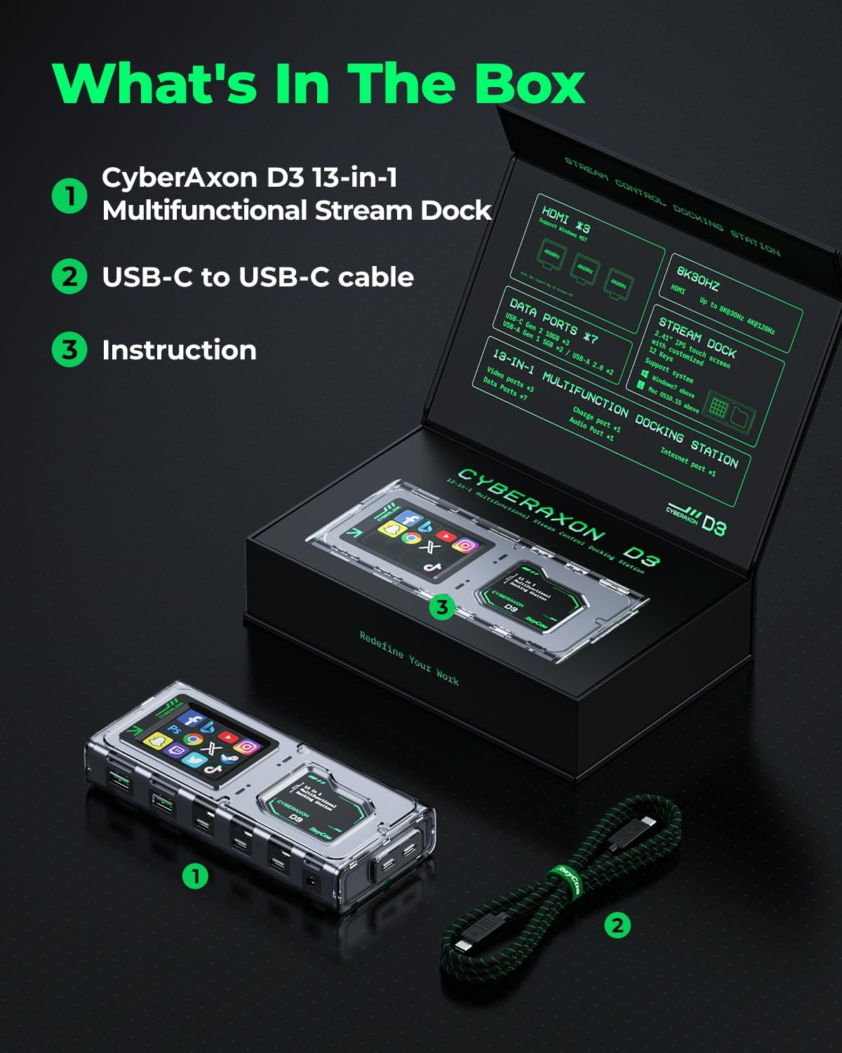 Cyberaxon - D3 13-In-1 Multifunctional Stream Control Dock - USB C Docking Station with 2.4" Touchscreen(12 Macro Keys), 3X HDMI (4K@60Hz), 100W PD, 10Gbps USB-C, Ethernet, for Mac/Windows/Ipad - Serious Techies
