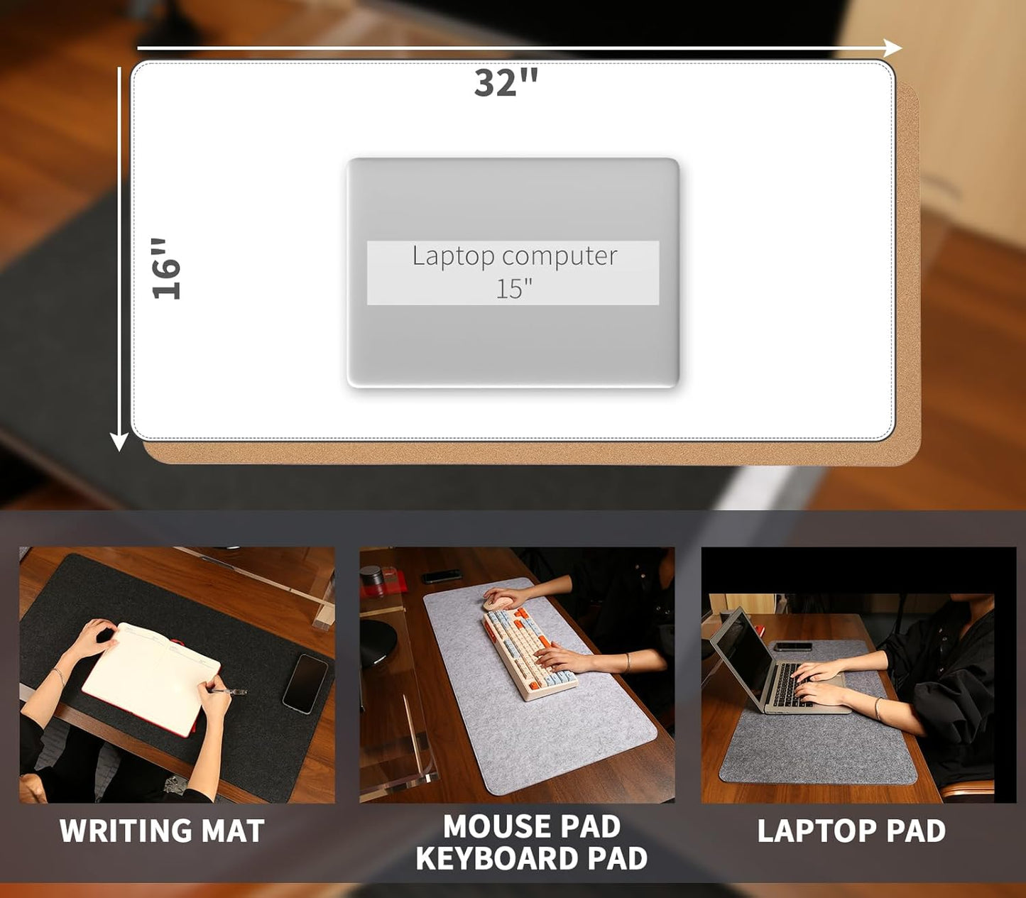 RENMTURE - Double Thickened Felt Mouse Pad, Large Desk Mat, Big Cork Mouse Mat, Large Mouse Pad for Gaming, Writing Pad, Desktop Accessories, Office Home Desktop Decoration (Light Gray, 32"X16") - Serious Techies