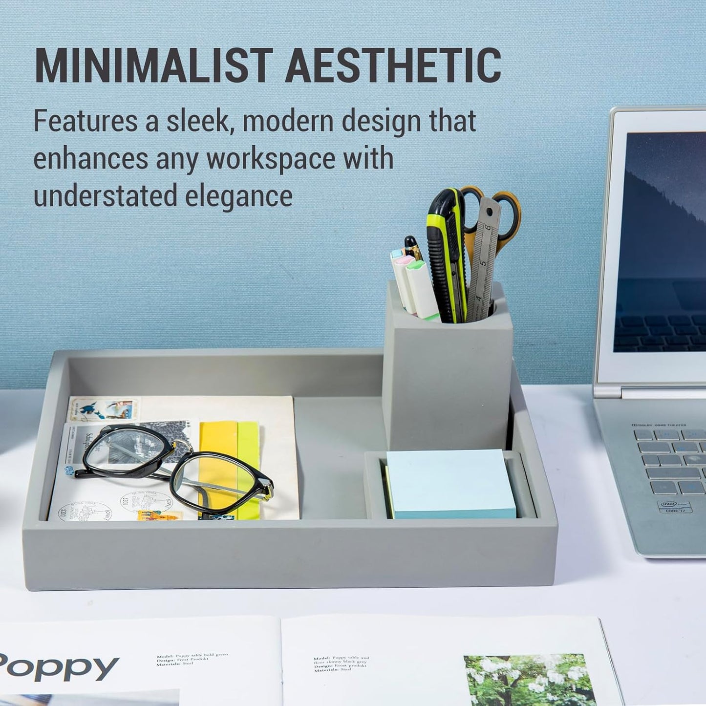 MyGift - 3 Pcs Set Modern Gray Concrete Desk Organizer Trays, Desktop Office Paper Tray, Stationery Holder Pencil Cup, Sticky Note Pad Holder - Serious Techies