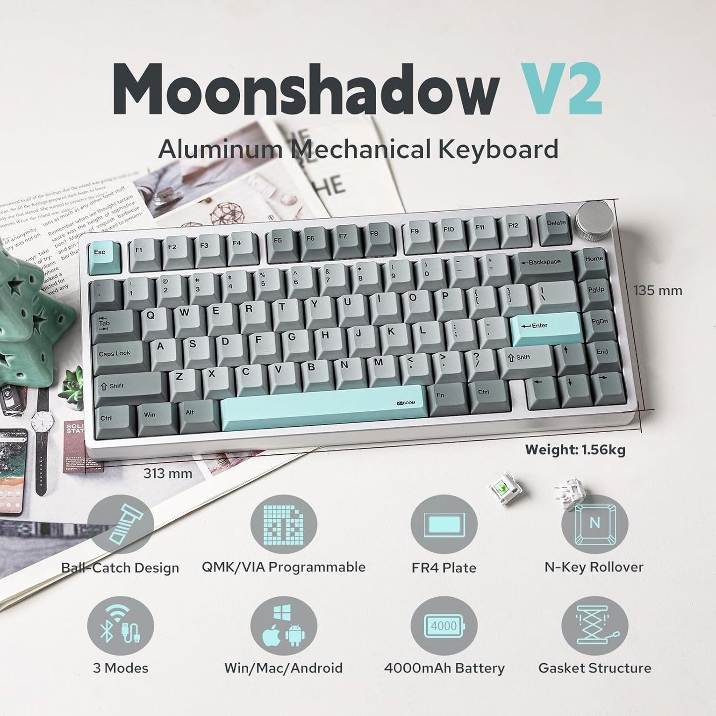 KiiBoom - Moonshadow V2 75% Wireless Aluminum Gaming Keyboard, QMK&VIA Programmable, Bt5.0/2.4Ghz/Usb-C, Hot-Swappable Creamy Mechanical Keyboard with FR4 Plate, Knob, 4000Mah Battery (Silver) - Serious Techies