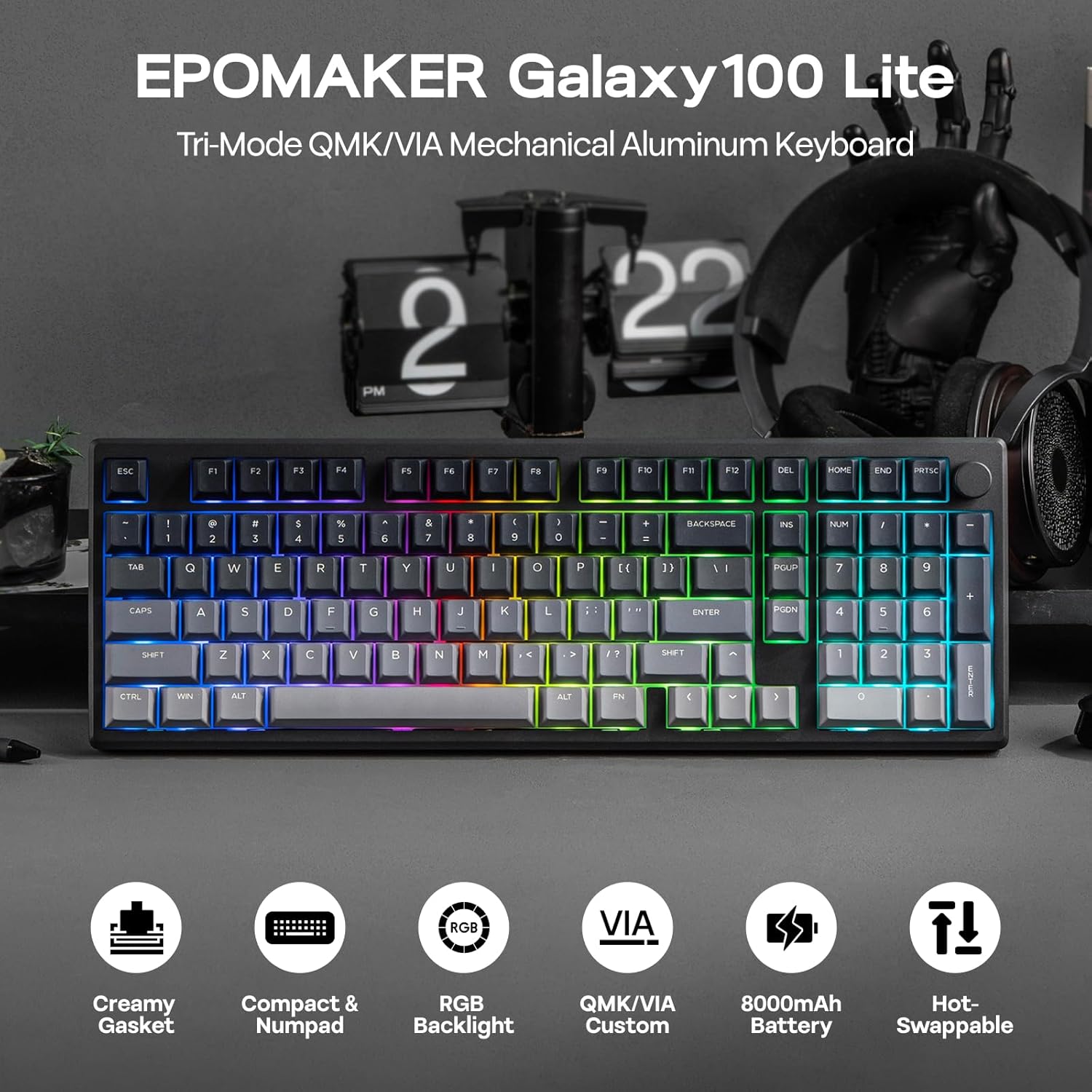 EPOMAKER - Galaxy100 Lite QMK/VIA Gaming Keyboard with 8000Mah Battery and Numpad, 1800 Aluminum Mechanical Keyboard, Usb-C/Bt/2.4Ghz, Hot-Swap, Creamy Sound (Black, Wisteria Linear Switch) - Serious Techies