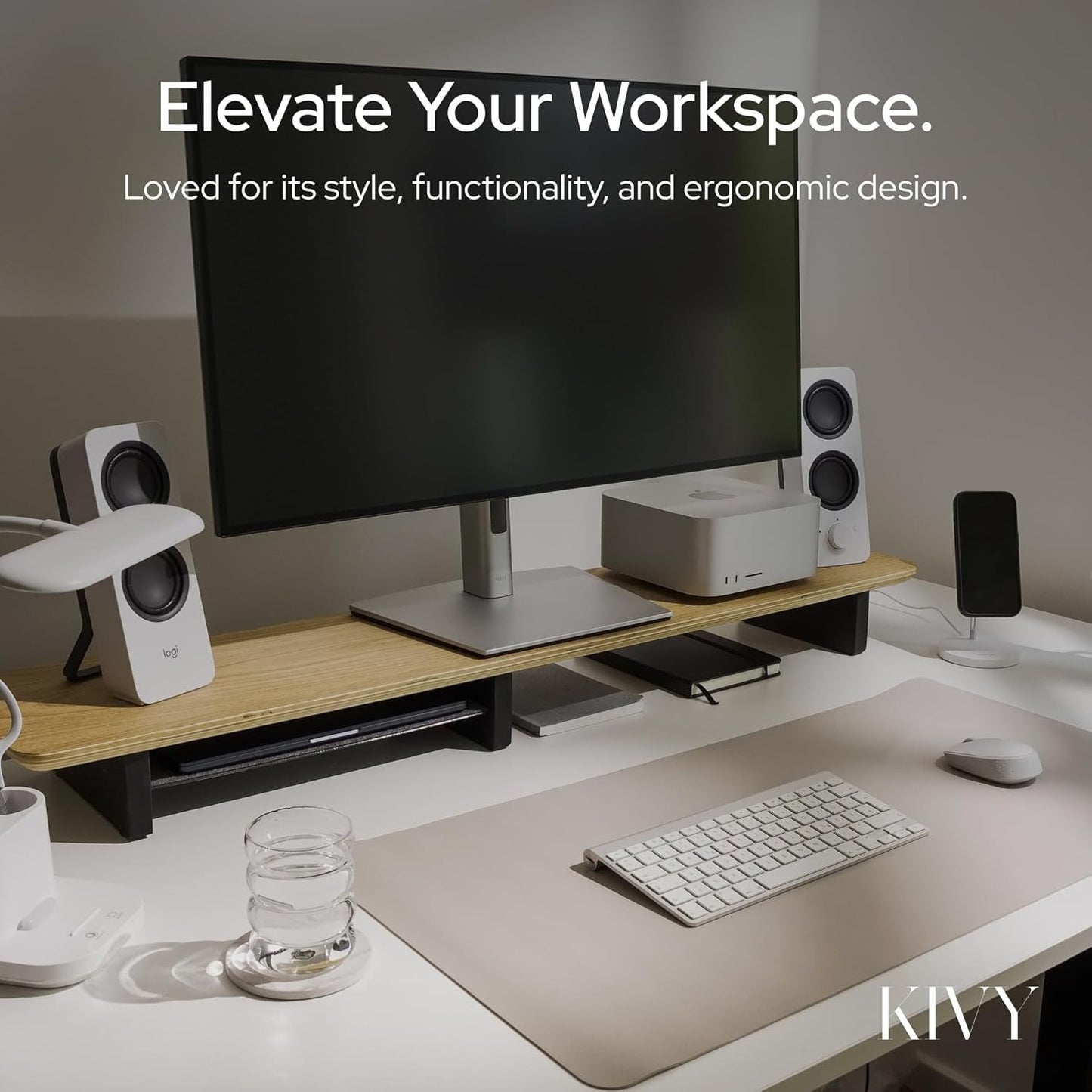 KIVY - Dual Monitor Riser with Integrated Metal Shelf - Wooden Desk Shelf for Top of Desk - Wood Monitor Stand for Desk 2 Monitors / Tv - Dual Monitor Stand Riser for Desk - Large Walnut Monitor Stand - Serious Techies