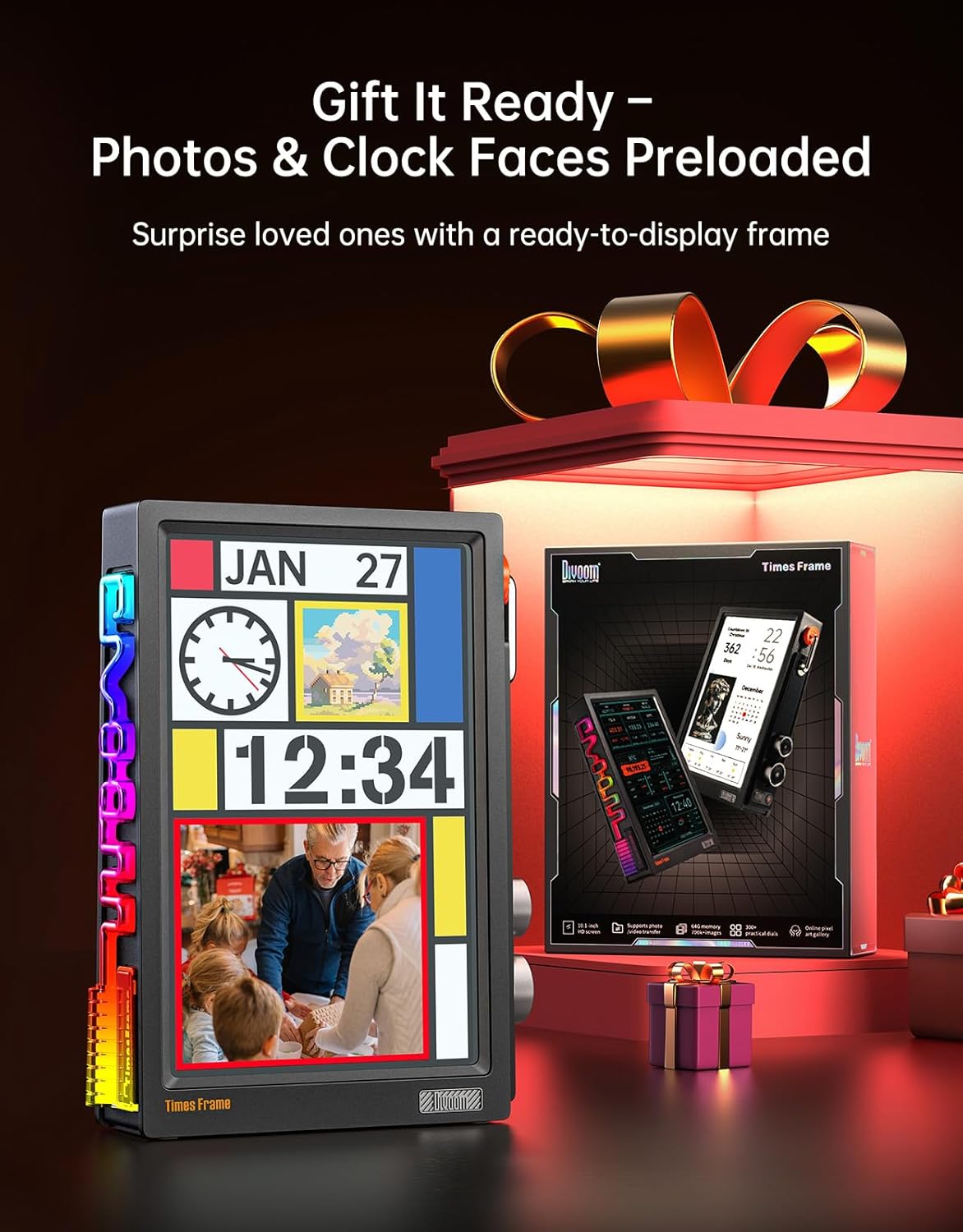 Divoom - Times Frame-10.1" Digital Picture Frame Transparent IPS Smart Linux OS with RGBLED Rotary Knob Wifi 64GB 400+Clock Faces Widget 50+API Feeds Gift Mode Pixel Art Community Personalized Display - Serious Techies