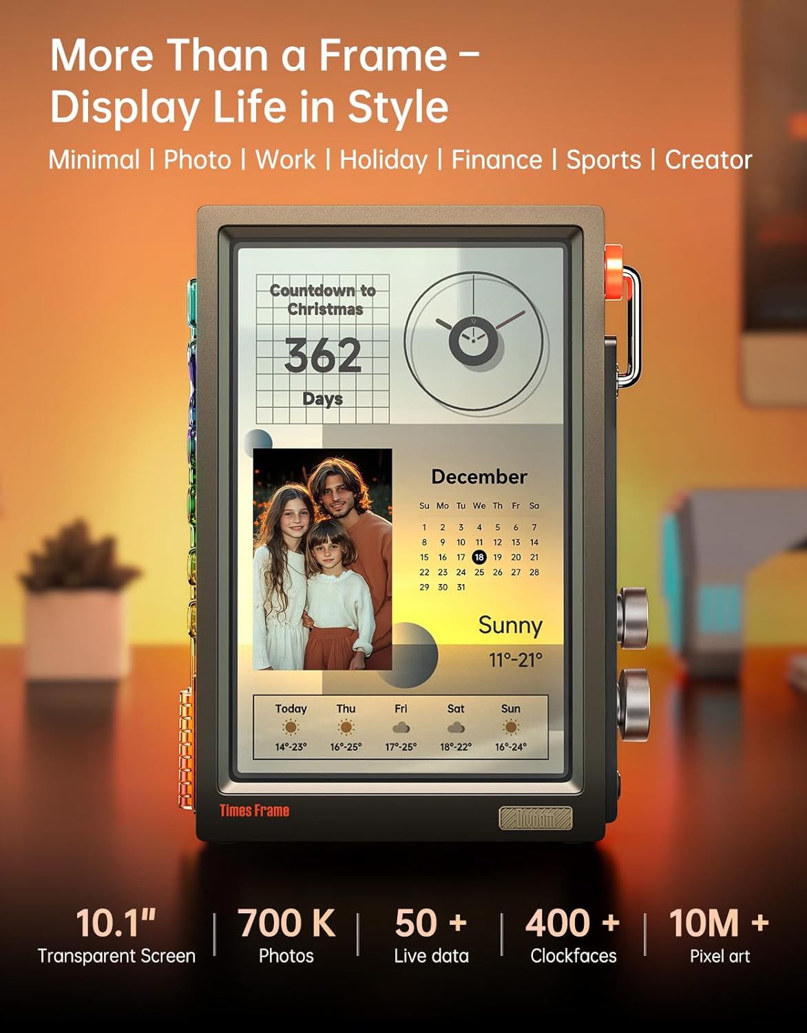 Divoom - Times Frame-10.1" Digital Picture Frame Transparent IPS Smart Linux OS with RGBLED Rotary Knob Wifi 64GB 400+Clock Faces Widget 50+API Feeds Gift Mode Pixel Art Community Personalized Display - Serious Techies