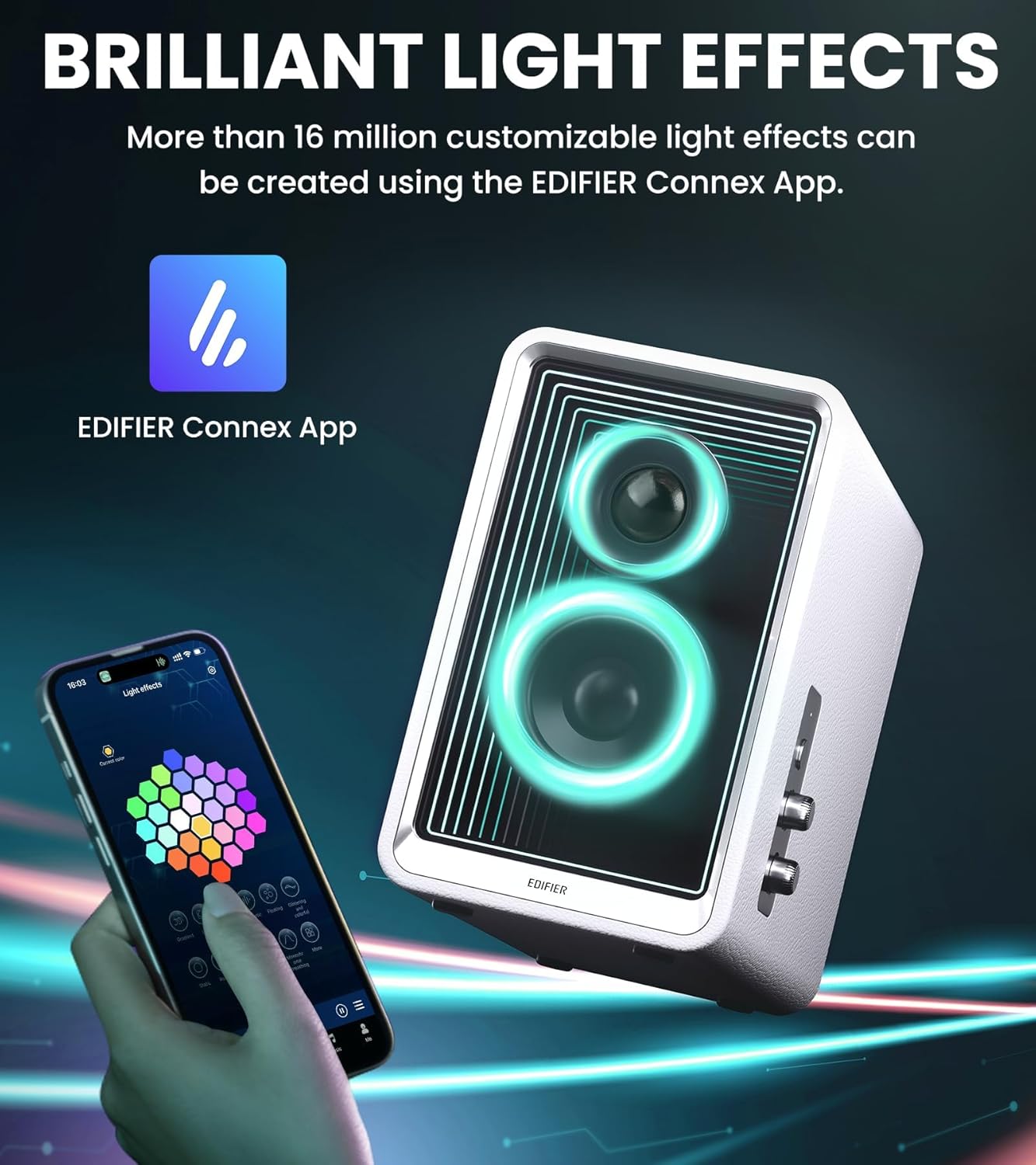 Edifier - QR65 Desktop Active Monitor with 2.75" Long-Throw Aluminum Diaphragm Mid-Low Drivers, Hi-Res Audio, Brilliant Light Effects, 70W Output Power Bluetooth Speakers with Stands - White - Serious Techies