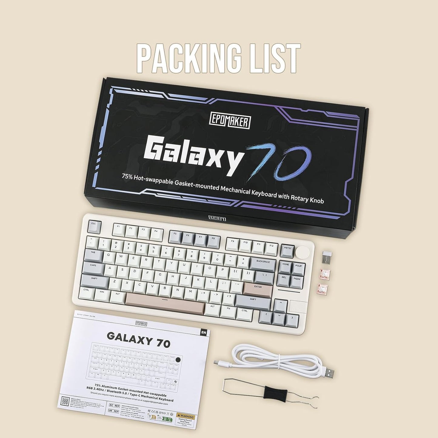 EPOMAKER - Galaxy70 Wireless Gaming Keyboard, 75% Aluminium Mechanical Keyboard, Bluetooth 5.0/2.4Ghz/Usb-C Wired, Programmable, Hot Swappable, for Pc/Mac/Office/Gaming (White, Petal Switch) - Serious Techies