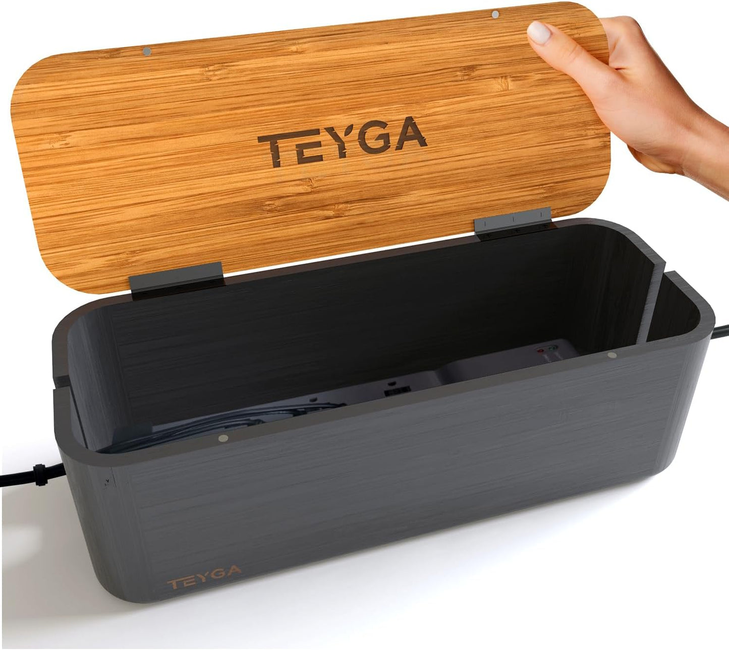 TEYGA - Bamboo Cable Management Box - Stylish Cord Organizer Box Hides Power Strip and Keeps Cords Untangled - Surge Protector Cover Keeps Child Safe - TV Cord Box for Home and Office (Premium - Black) - Serious Techies