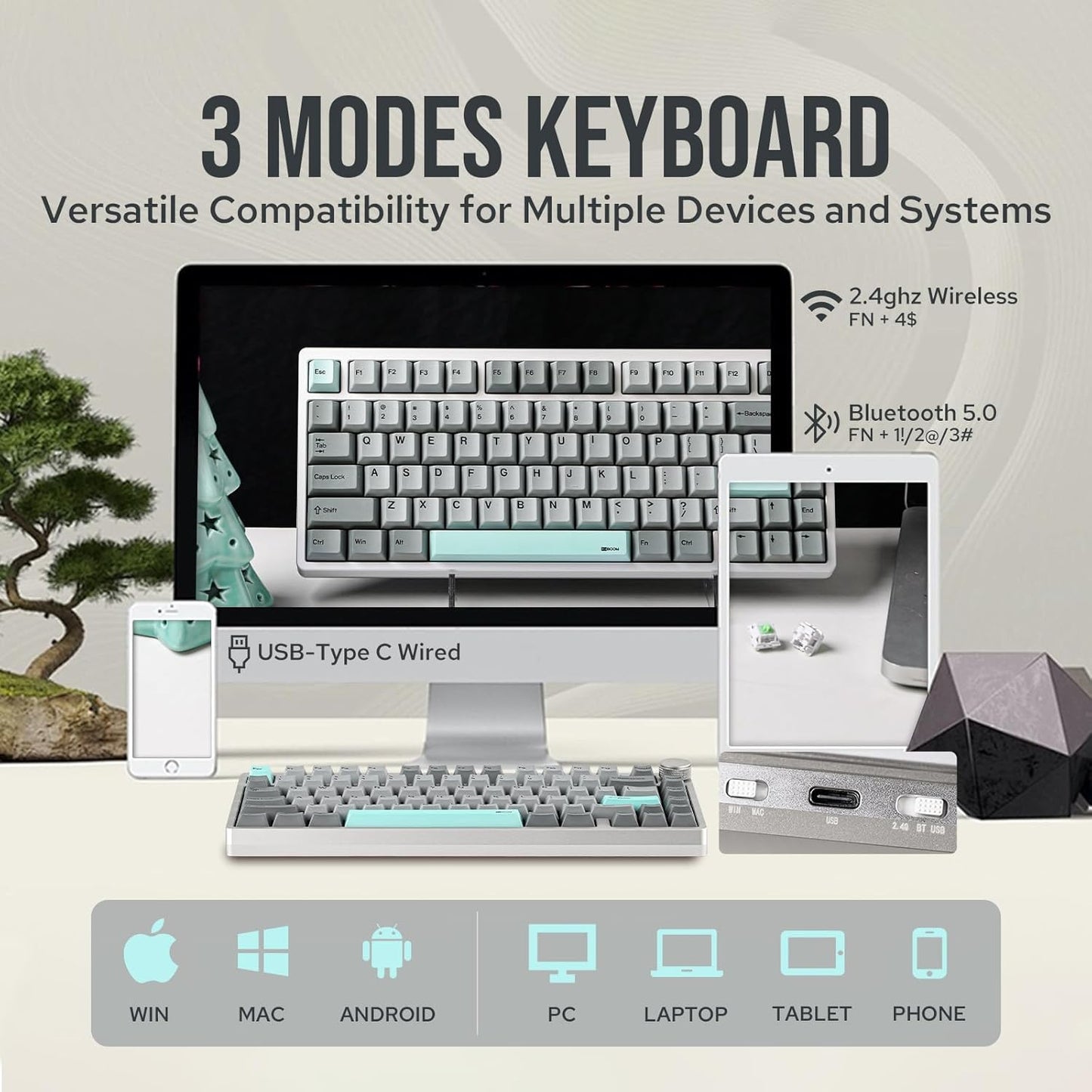 KiiBoom - Moonshadow V2 75% Wireless Aluminum Gaming Keyboard, QMK&VIA Programmable, Bt5.0/2.4Ghz/Usb-C, Hot-Swappable Creamy Mechanical Keyboard with FR4 Plate, Knob, 4000Mah Battery (Silver) - Serious Techies