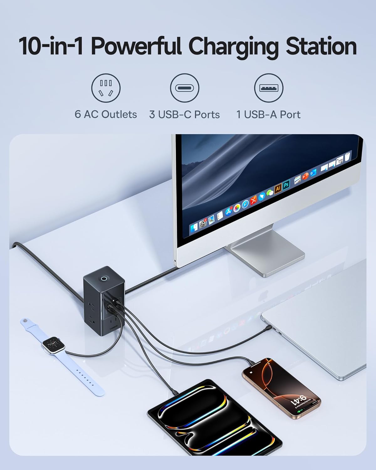 Baseus - Charging Station 67W, 10-In-1 USB-C PD Fast Charging Desktop Charger with 1200J Surge Protection, 5Ft Extension Cord, 6 AC, 3 USBC, 1 USBA Ports for Iphone 16/15, Macbook, Tablet, Desktop - Serious Techies