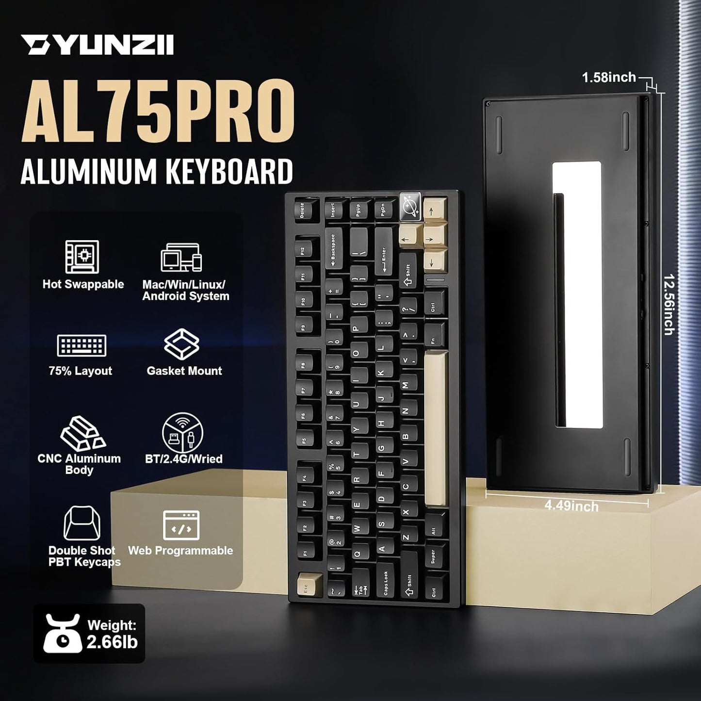 YUNZII - AL75 PRO 75% Wireless Mechanical Gaming Keyboard,Full Aluminum Cnc,Bt/2.4G/Wired,Pbt Keycaps,Gasket Mounted Hot Swap,Custom RGB Backlight, Programmable for Mac/Win (Black, Cocoa Cream V2) - Serious Techies