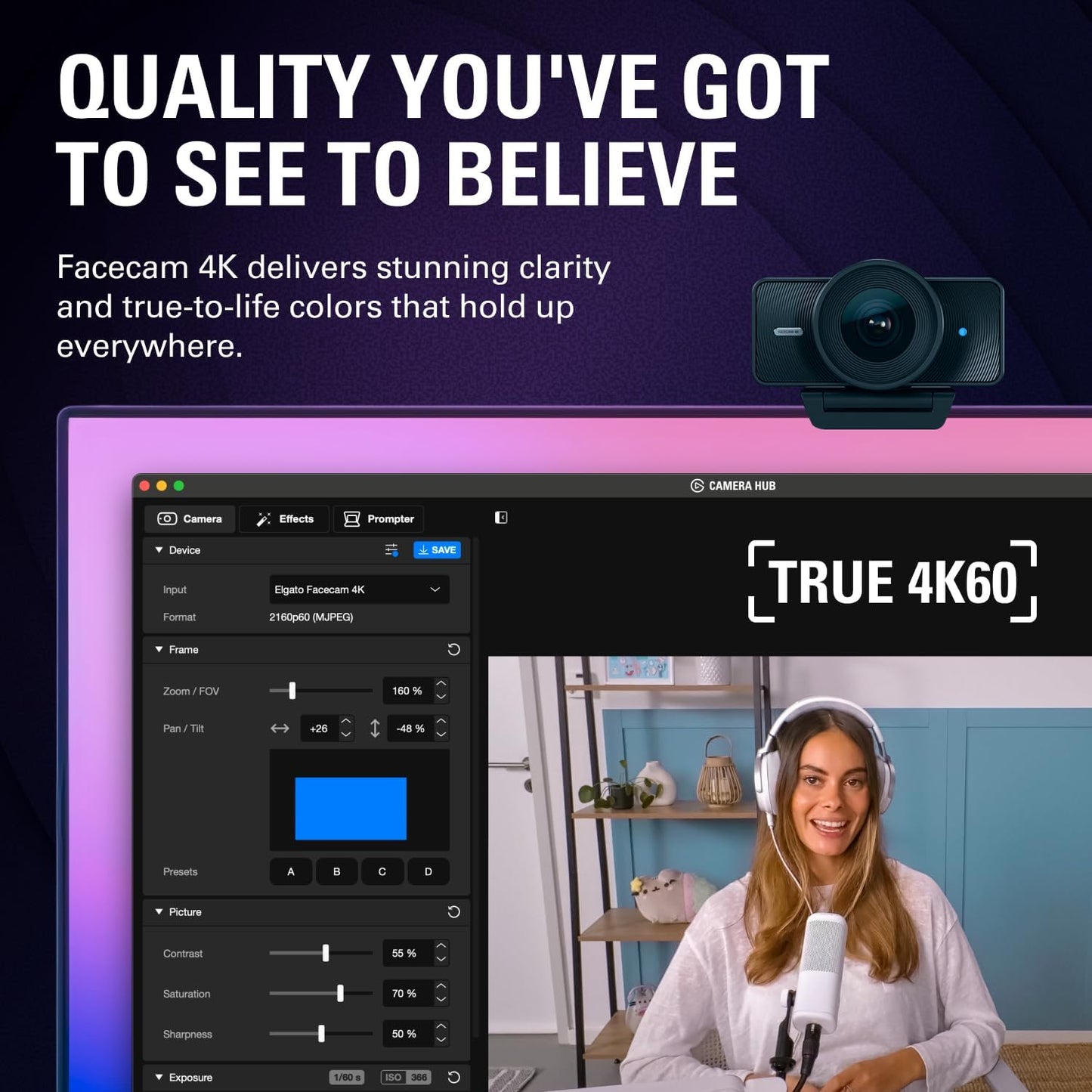 Elgato - Facecam 4K - 4K60 Studio Webcam, Dslr-Like Control, Cinematic Effects, 49Mm Lens Filters, HDR, Uncompressed Video, Optimized Focus Area | USB-C for PC & Mac - Serious Techies