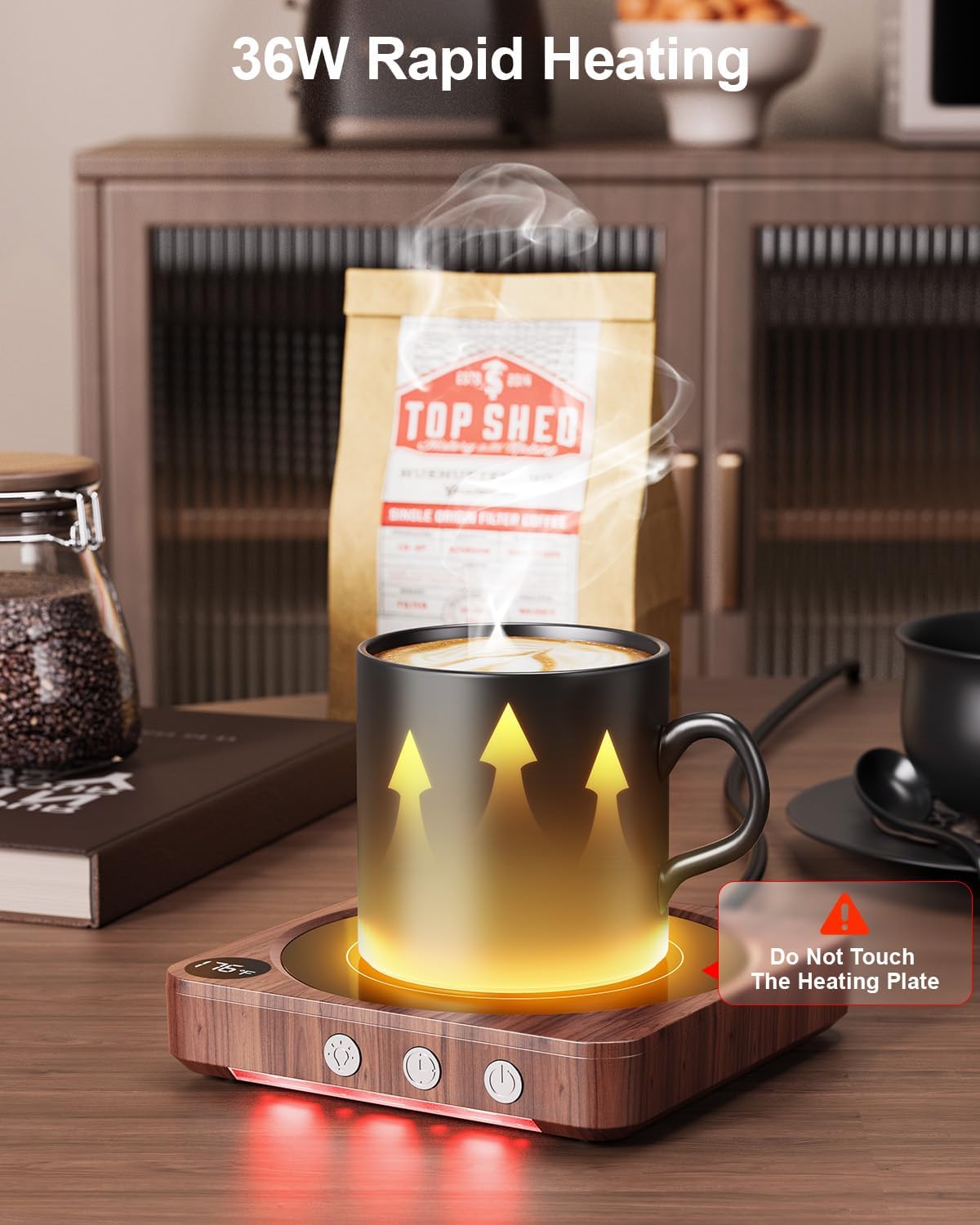 House Gem - Mug Warmer - 36W Coffee Mug Warmer for Desk with Temperature Display, 2-12Hrs Auto Shut Off, Smart Candle Warmer - Ideal Coffee Gifts Accessories Keep Beverages Coffee Warmer (Wood) - Serious Techies