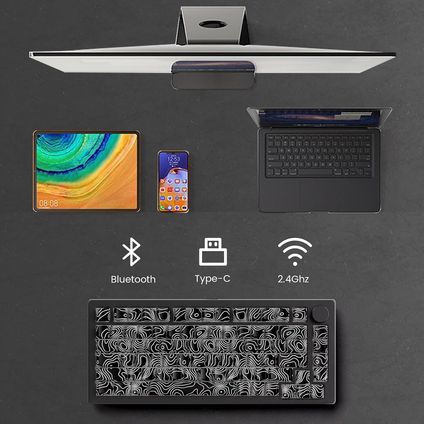 MONSGEEK - M1 V5 Aluminum Mechanical Keyboard 75% Topographic Theme Quick Release Gaming Keyboard with Knob, 8000 Mah RGB Hot-Swappable Black Custom with Side-Printed Keycaps Pre Lubed Piano Switch
