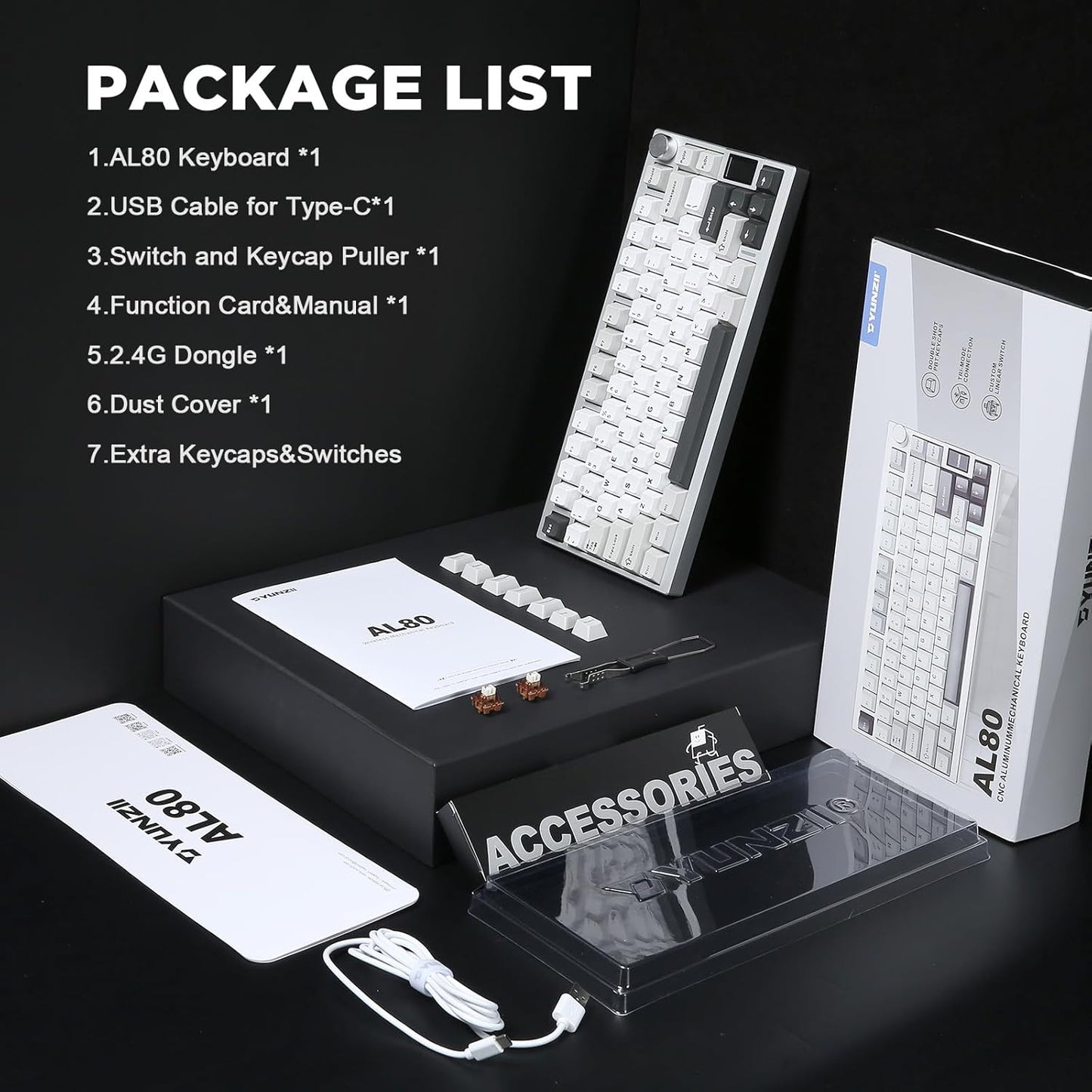 AL80 Wireless Mechanical Keyboard,Full Aluminum CNC, Smart LCD Display,Hot Swappable Gasket Mount 75% Layout with Knob,Bt/2.4G/Usb-C,Qmk/Via Support for Win/Mac (Silver, Gateron Zero Switch)