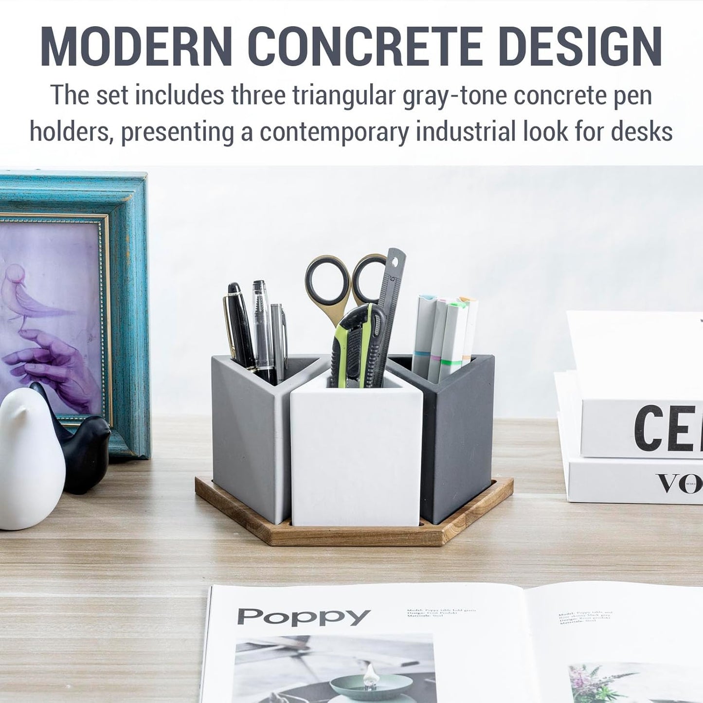 MyGift - Modern Concrete Desk Organizer Set with 3 Triangular Gray-Tone Pen Holders and Acacia Wood Tray, 4-Piece Office Storage Solution for Pens, Pencils, and Supplies - Serious Techies