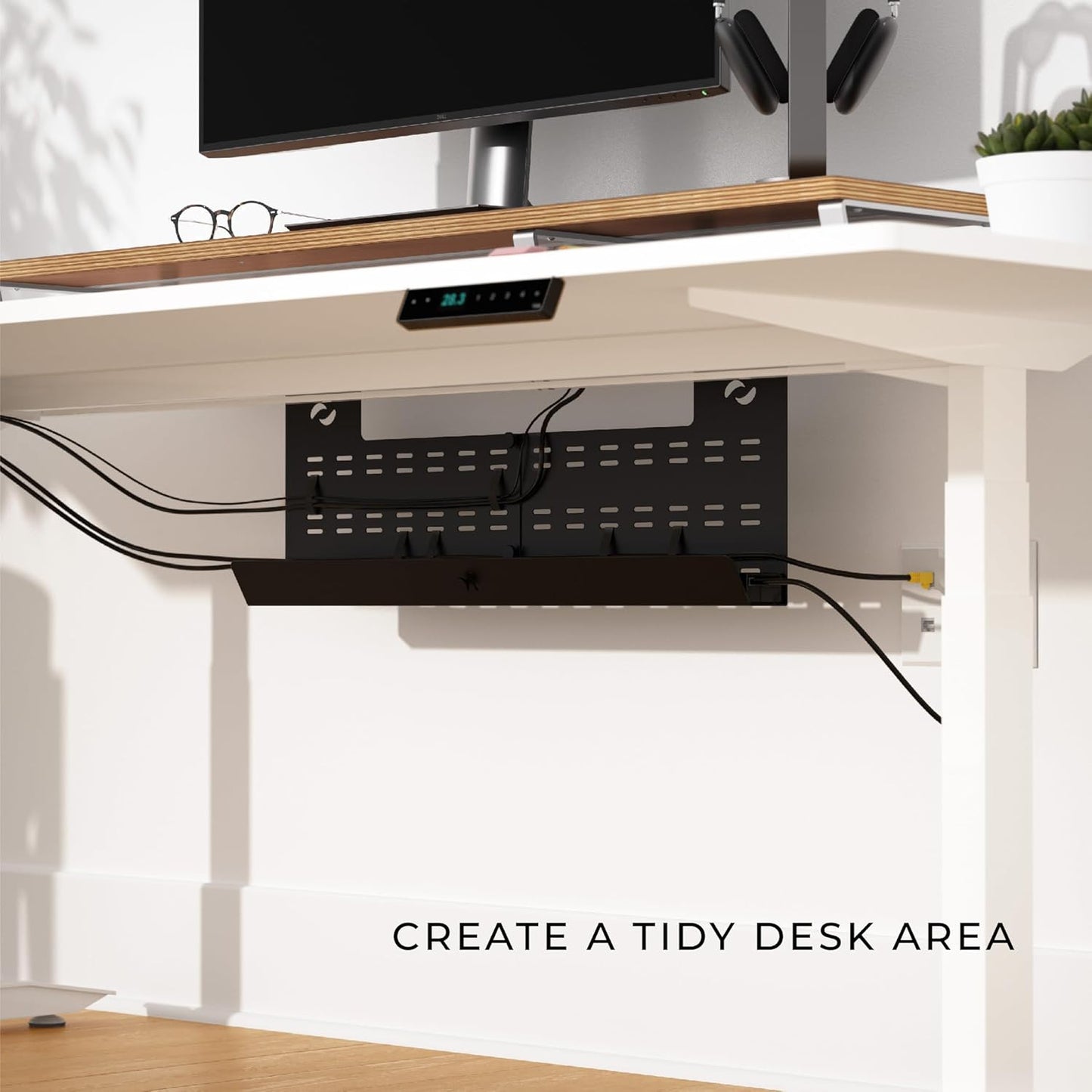 HumanCentric - Under Desk Cable Management Tray and Computer Cord Raceway, Underdesk Cord Organizer, Standing Desk Cable and Wire Management, Heavy Duty, Included Velcro Straps, Medium, Black - Serious Techies