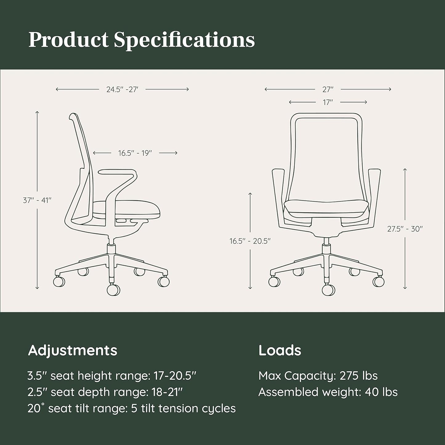 Branch - Verve Chair - High Performance Executive Office Chair with Contoured Seat Back and Adjustable Lumbar Rest - High Density Foam Cushion with Aluminum Base - up to 275 Lbs - Mist - Serious Techies