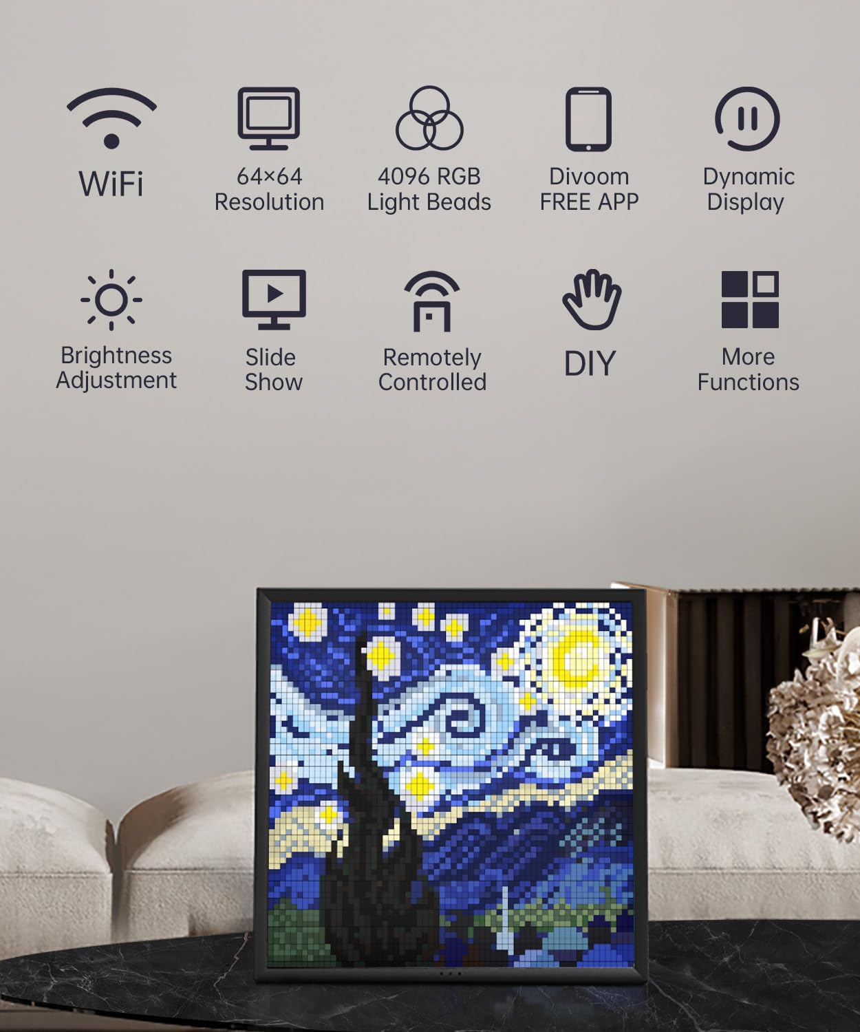 Pixoo-64 - Wifi Pixel Cloud Digital Frame with APP Control,64 X 64 LED Panel Display Frame for Gaming Room Decoration/Social Media Fans Counter