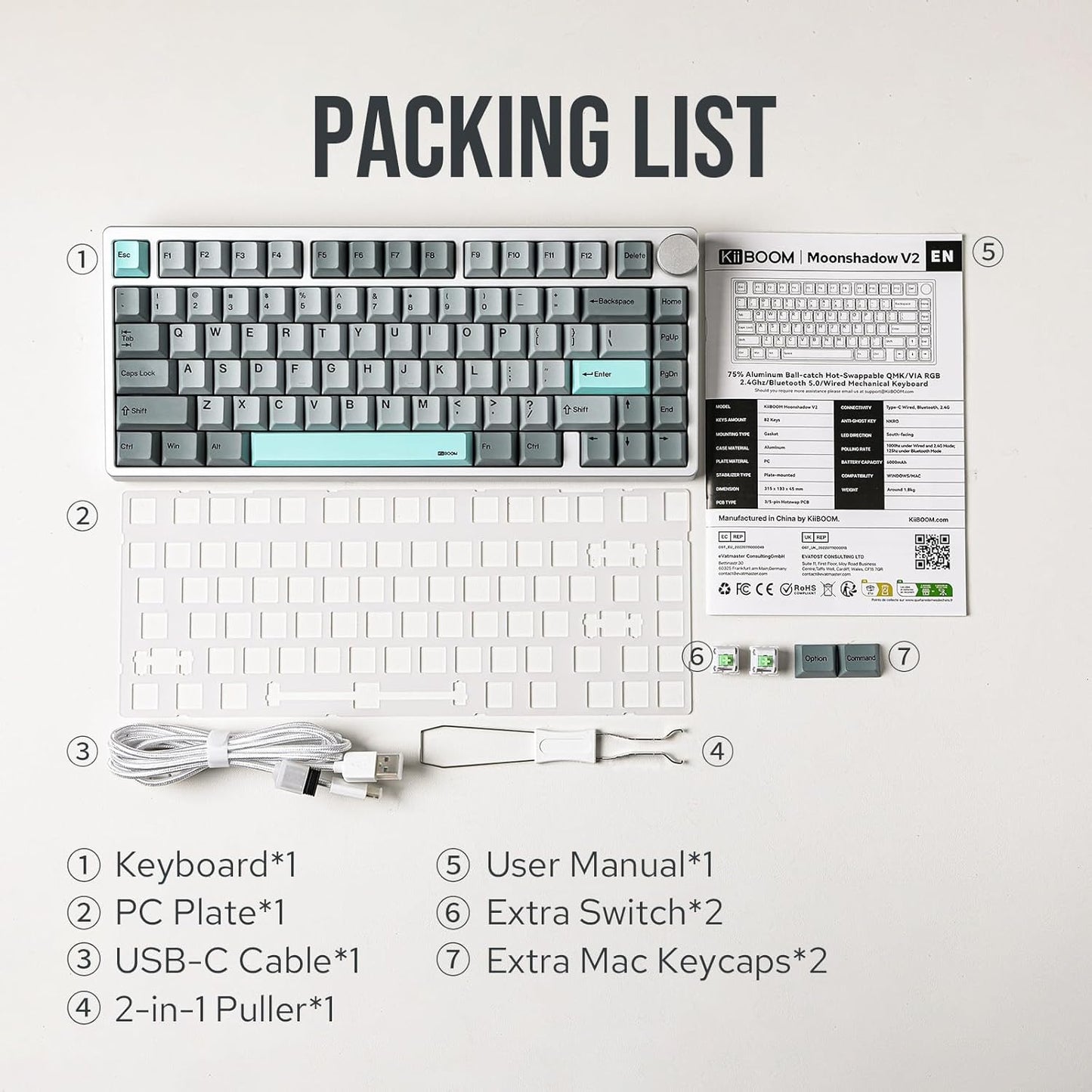 KiiBoom - Moonshadow V2 75% Wireless Aluminum Gaming Keyboard, QMK&VIA Programmable, Bt5.0/2.4Ghz/Usb-C, Hot-Swappable Creamy Mechanical Keyboard with FR4 Plate, Knob, 4000Mah Battery (Silver) - Serious Techies