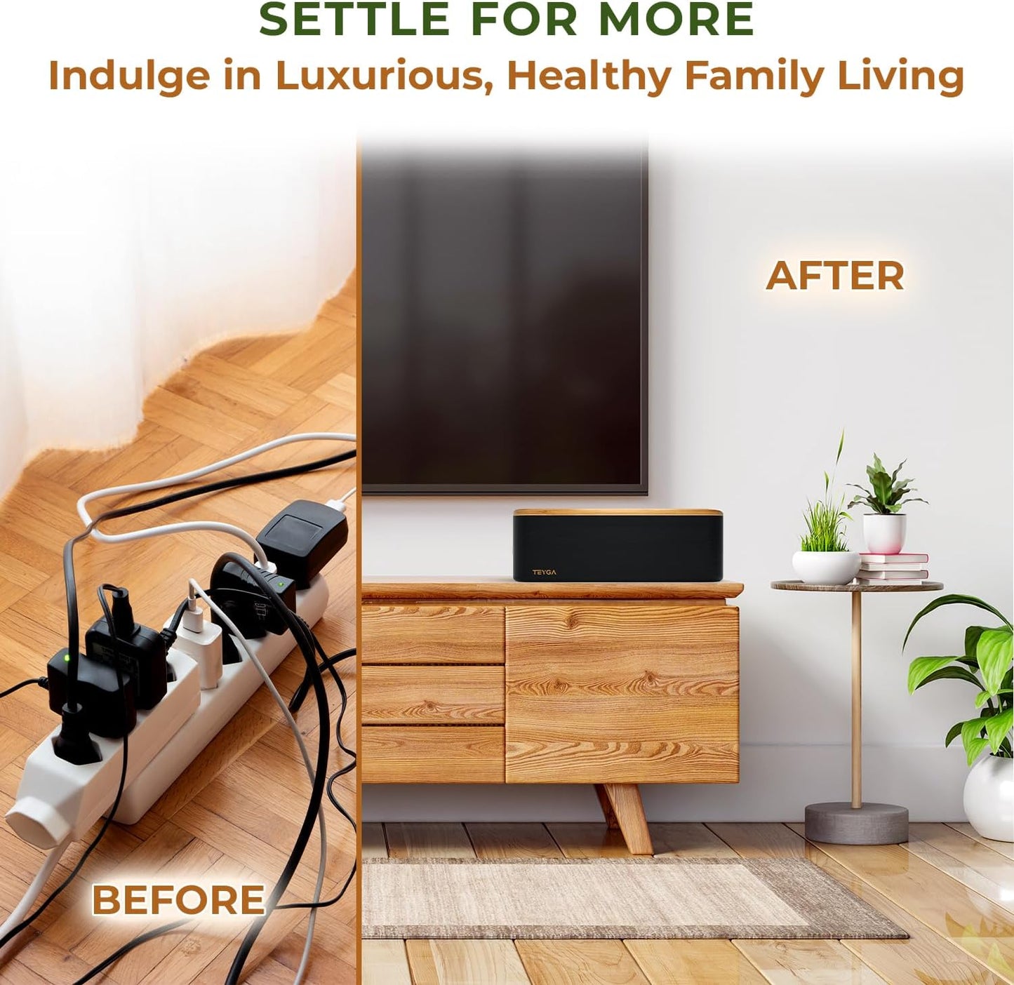 TEYGA - Bamboo Cable Management Box - Stylish Cord Organizer Box Hides Power Strip and Keeps Cords Untangled - Surge Protector Cover Keeps Child Safe - TV Cord Box for Home and Office (Premium - Black) - Serious Techies
