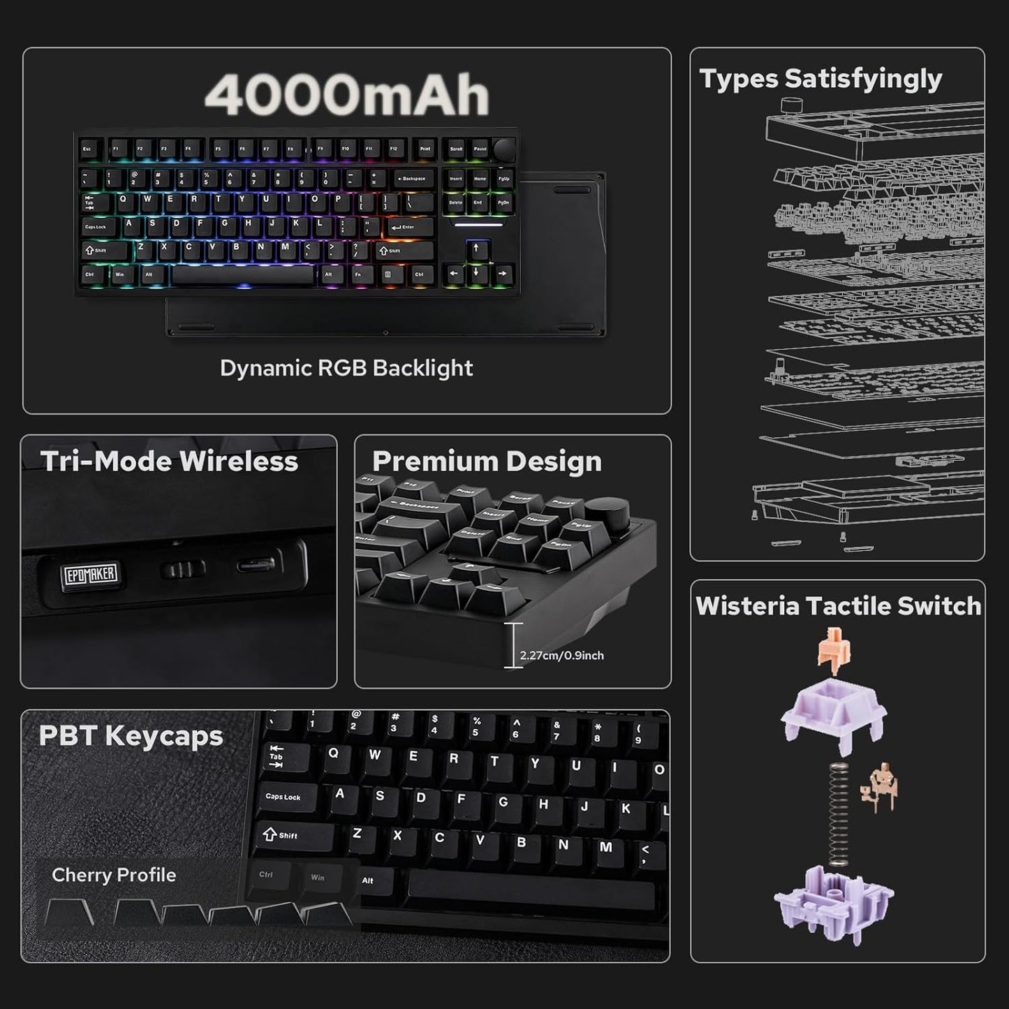 EPOMAKER - P87 TKL Aluminum Wireless Gaming Keyboard, QMK/VIA Programmable, 87% Bluetooth/2.4Ghz/Usb-C, with CNC Metal Knob and RGB Backlight (Black, Wisteria Tactile Switch) - Serious Techies