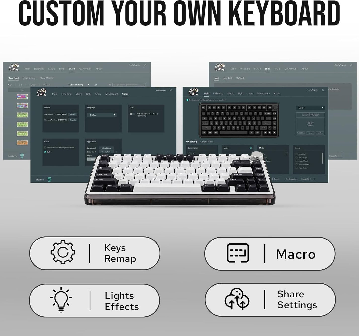 KiiBoom - Breeze 75 75% CNC Aluminum and Acrylic Mechanical Gaming Keyboard, Usb-C/Bt5.0/2.4Ghz Wireless Creamy Keyboard, with Gasket Structure, RGB, 8000Mah Battery for Win/Mac (Black) - Serious Techies