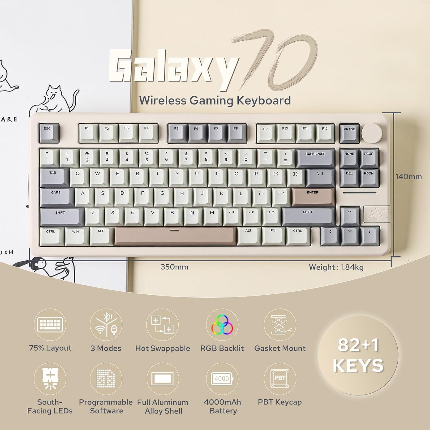 EPOMAKER - Galaxy70 Wireless Gaming Keyboard, 75% Aluminium Mechanical Keyboard, Bluetooth 5.0/2.4Ghz/Usb-C Wired, Programmable, Hot Swappable, for Pc/Mac/Office/Gaming (White, Petal Switch) - Serious Techies